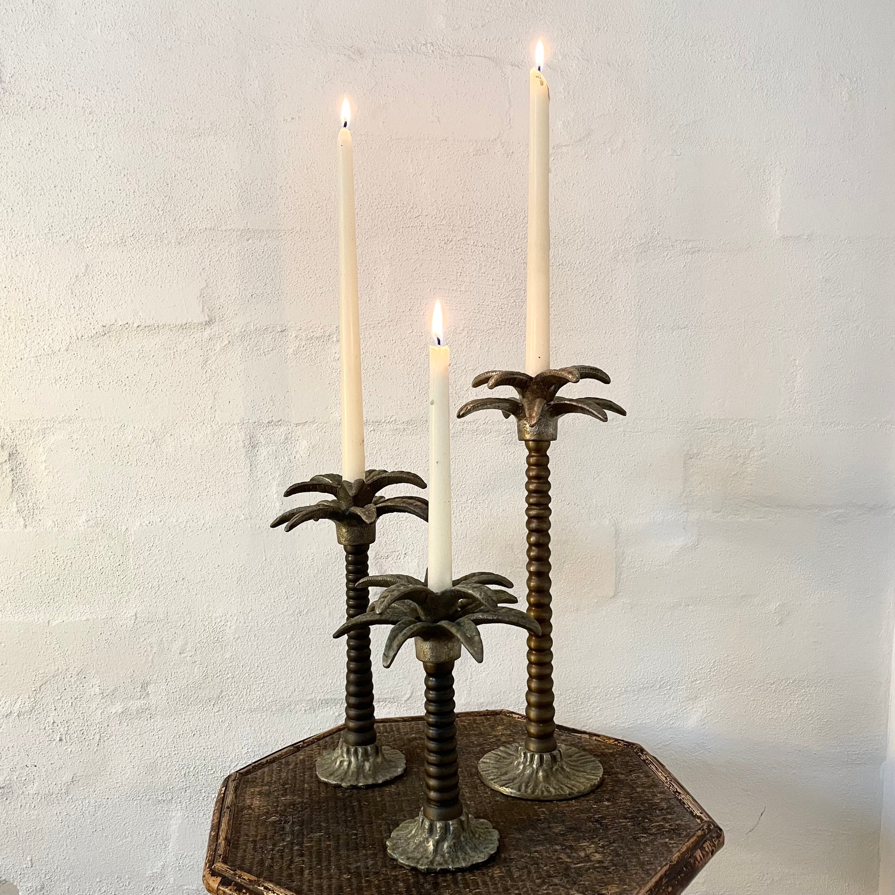 Set of Three Metal Palm Tree Candlesticks