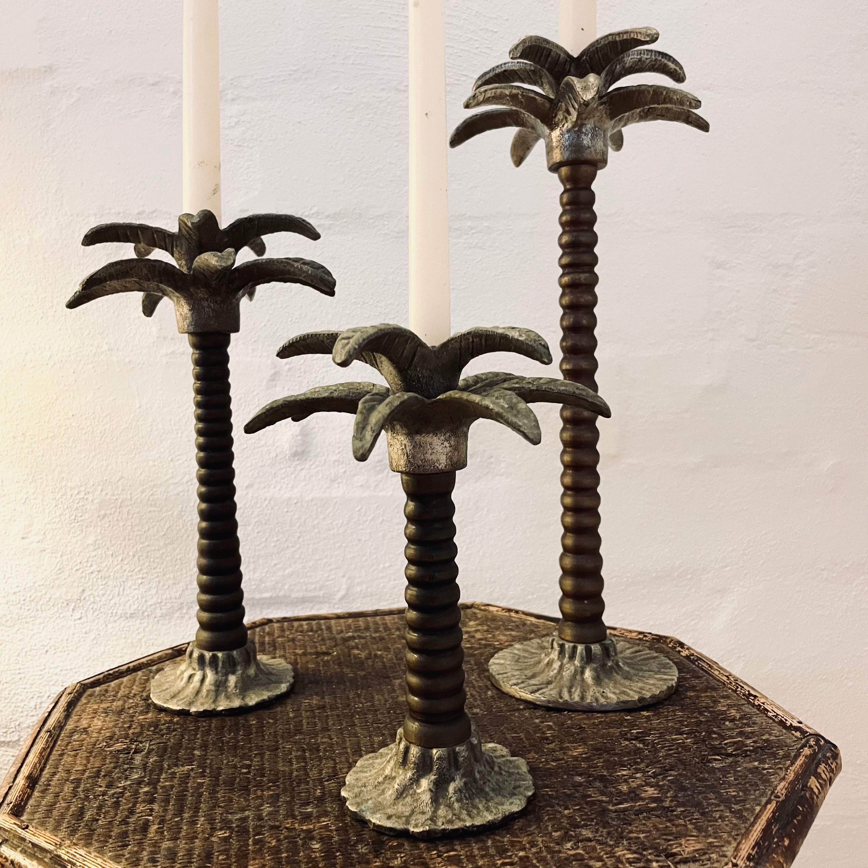 Set of Three Metal Palm Tree Candlesticks