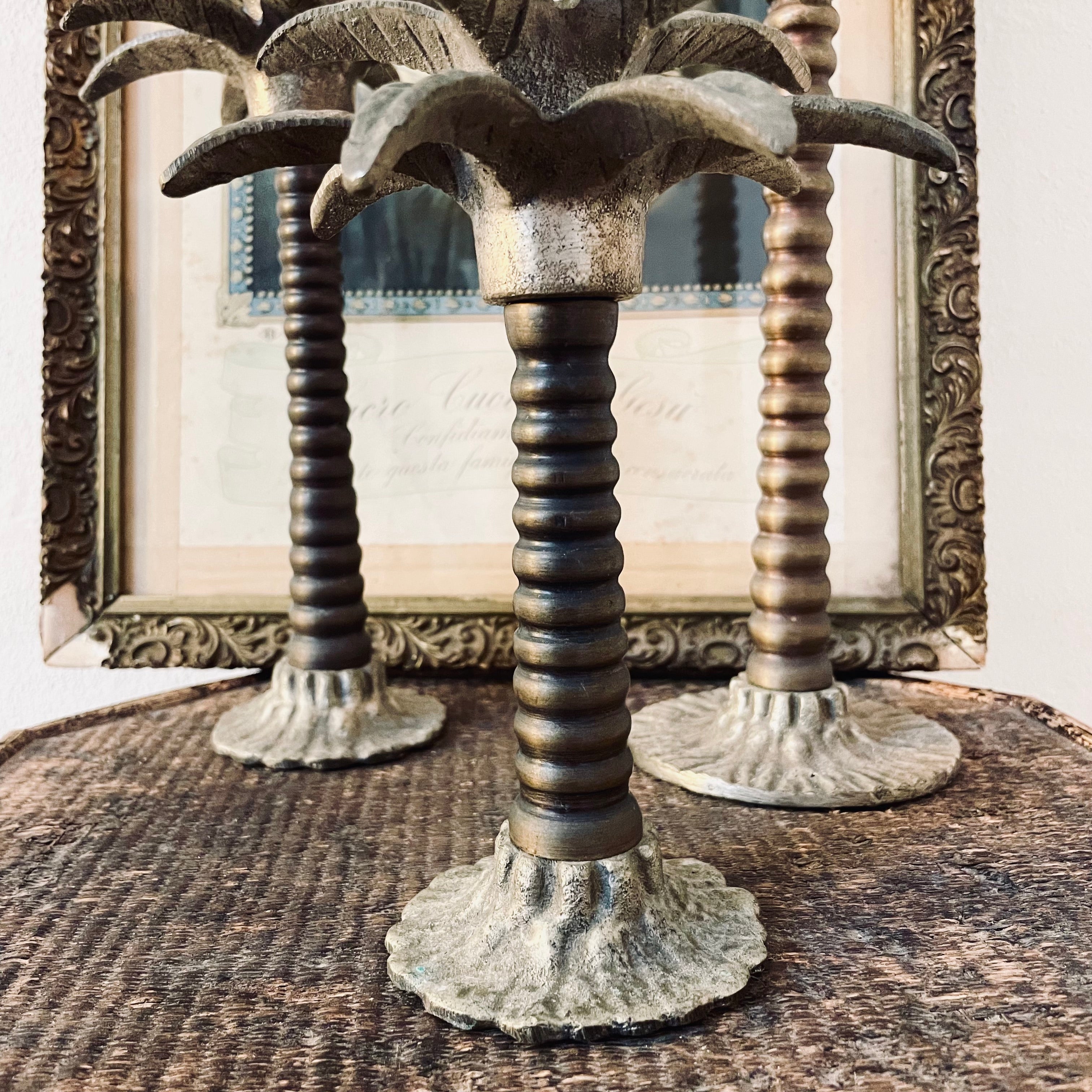 Set of Three Metal Palm Tree Candlesticks