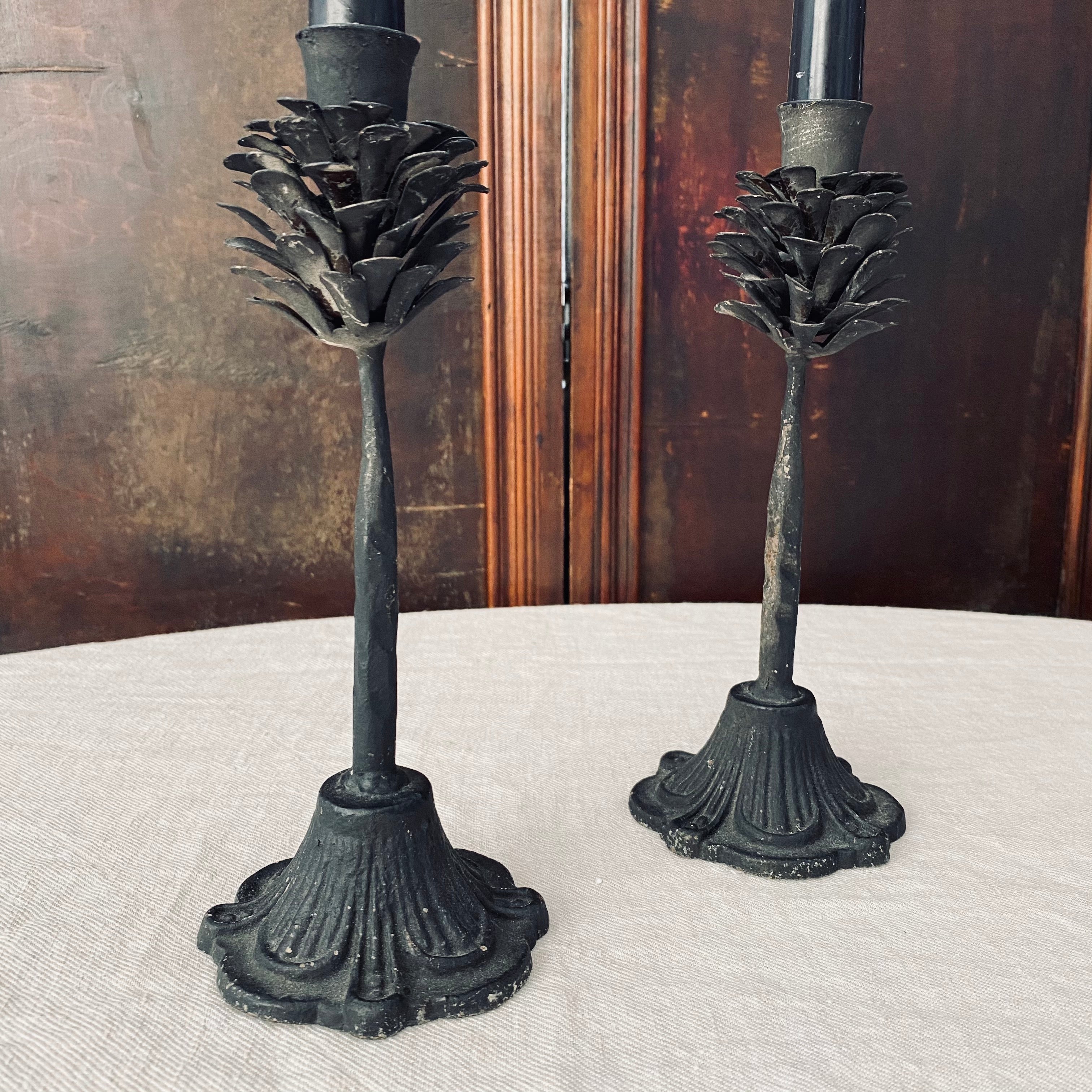 Pair of Cast Pine Cone Candlesticks