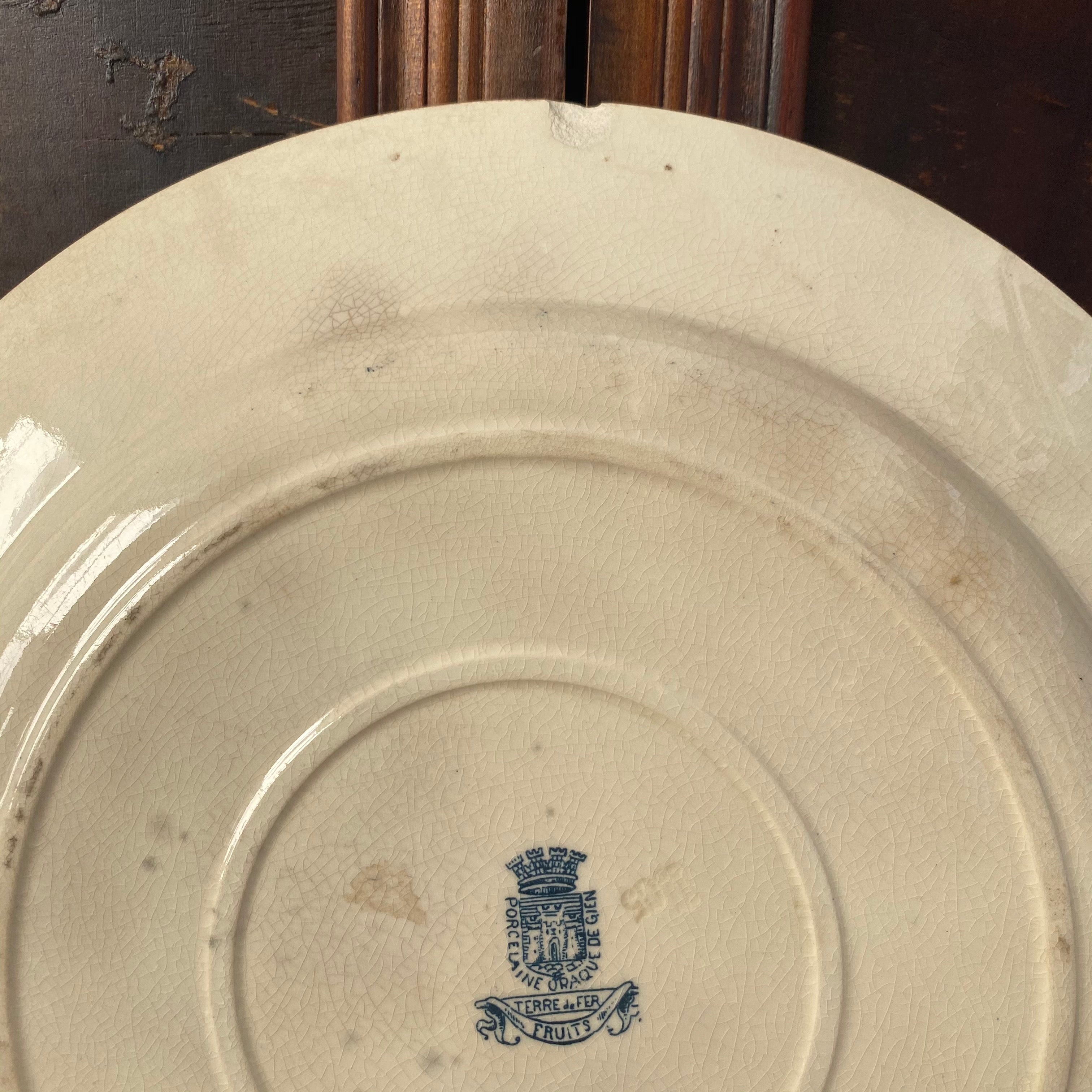 1800s Antique Gien Terre de Fer Fruits Round Platter