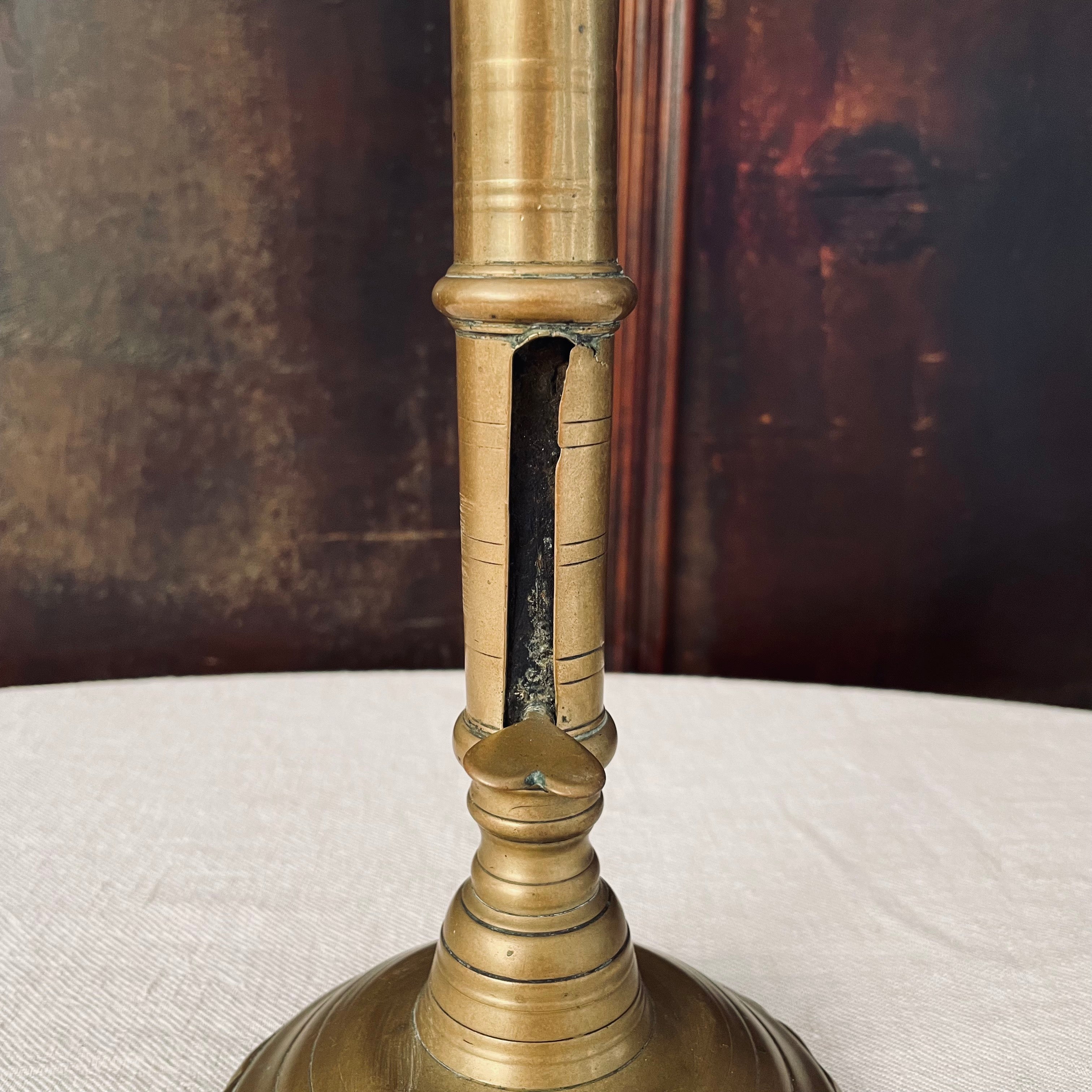 Antique French Brass Ejector Candlestick with Scalloped base