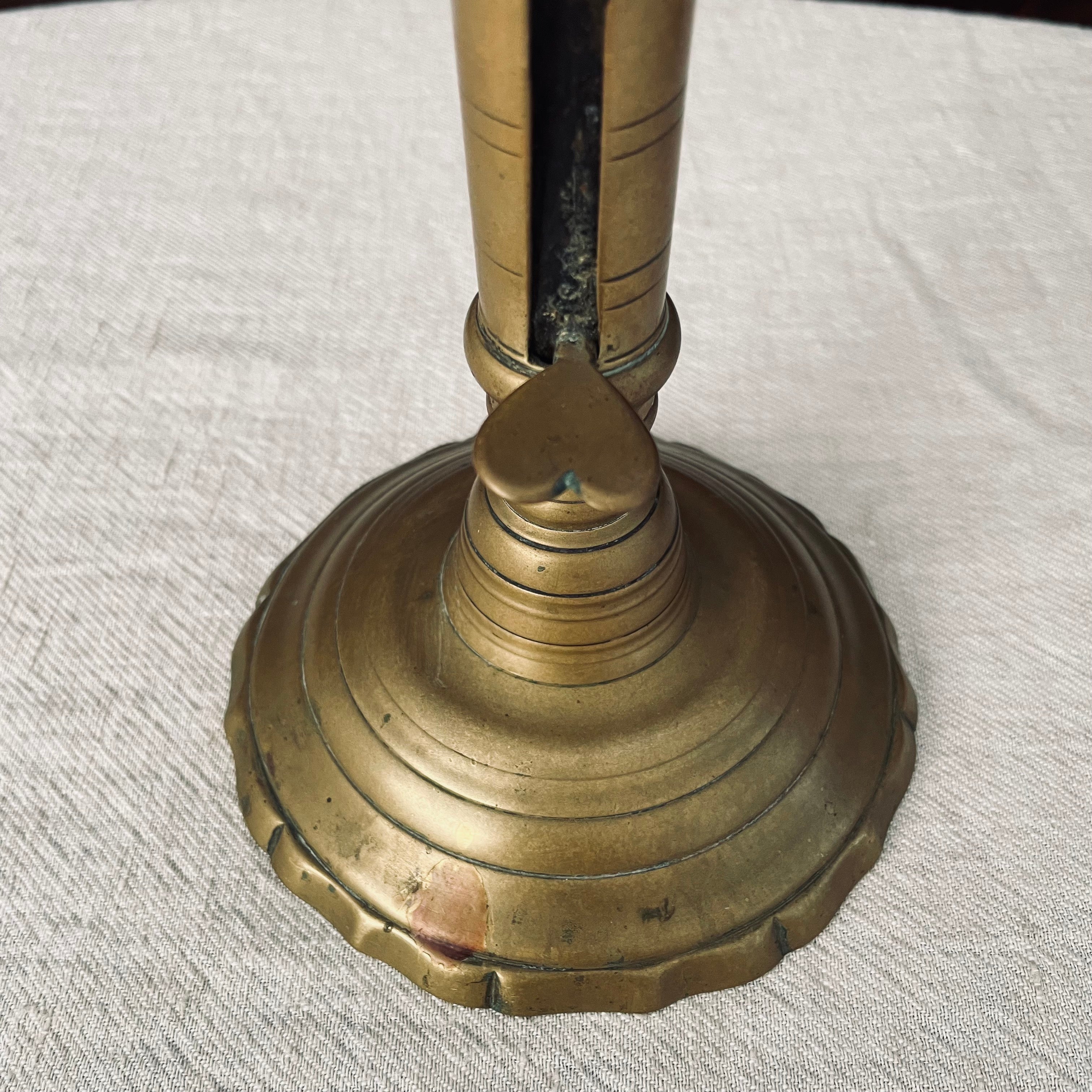 Antique French Brass Ejector Candlestick with Scalloped base