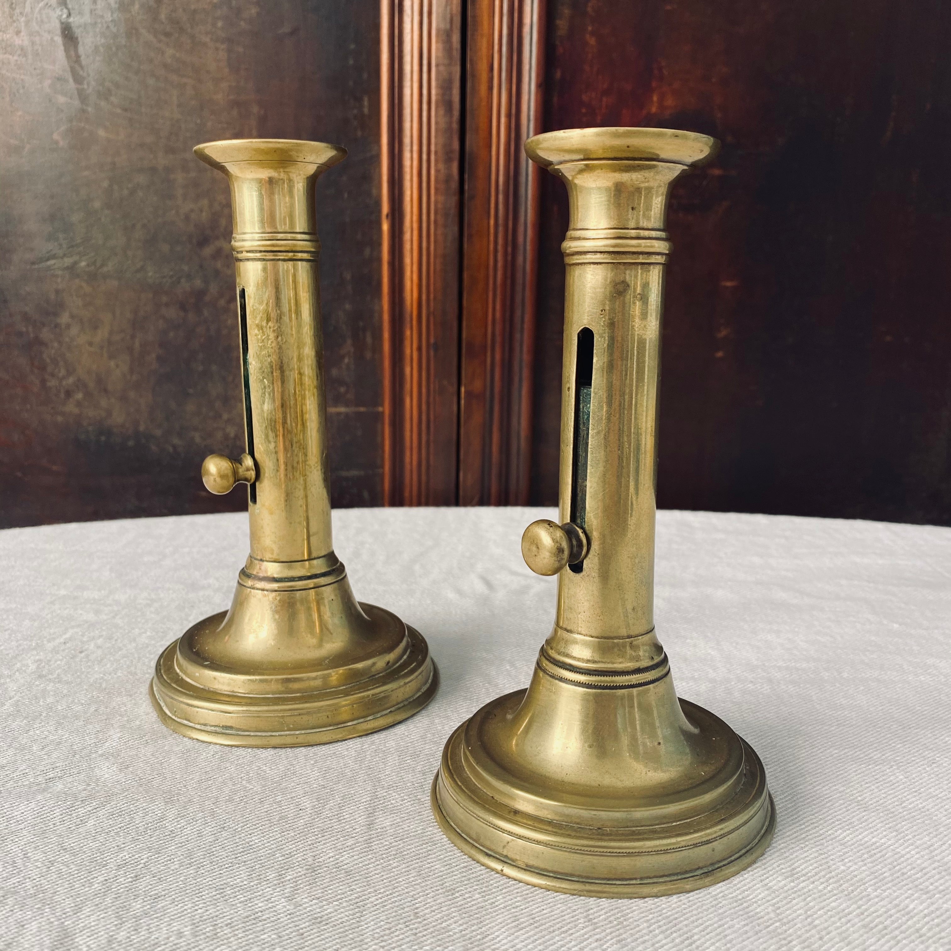 Pair of French Brass Ejector Candlesticks (18cm)