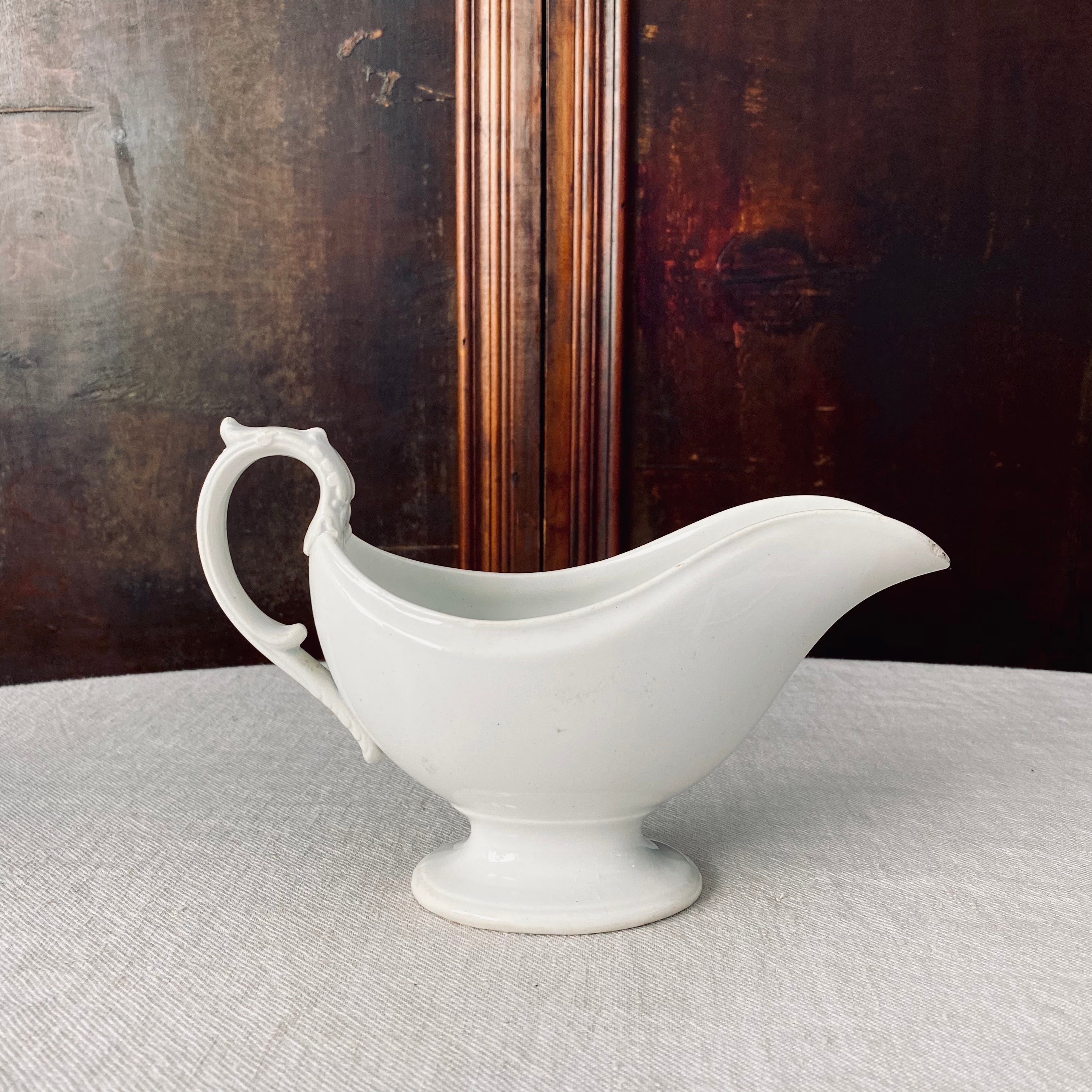1800’s French Antique Criel Montreau White Ironstone Sauceboat with Dragons Head Handle