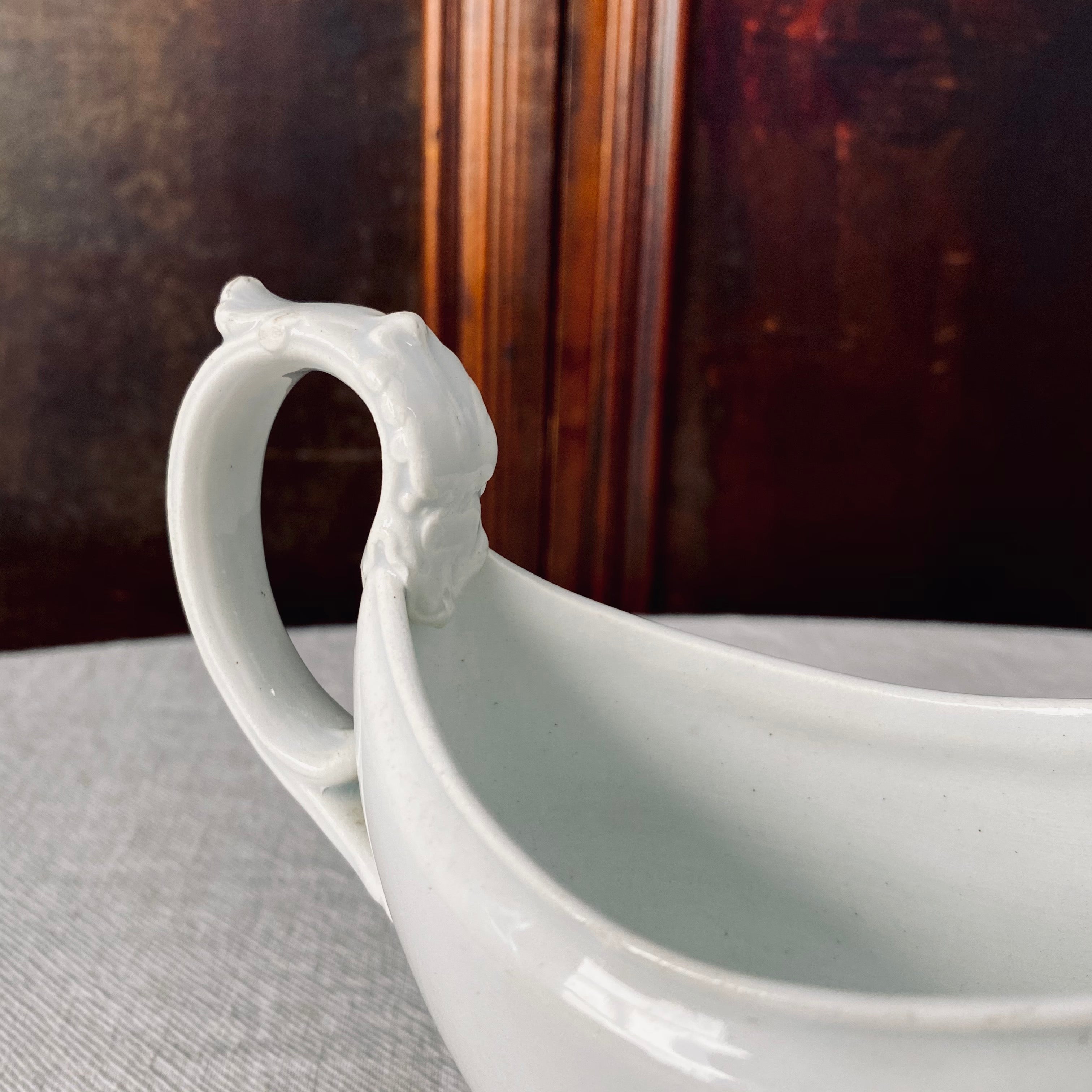 1800’s French Antique Criel Montreau White Ironstone Sauceboat with Dragons Head Handle