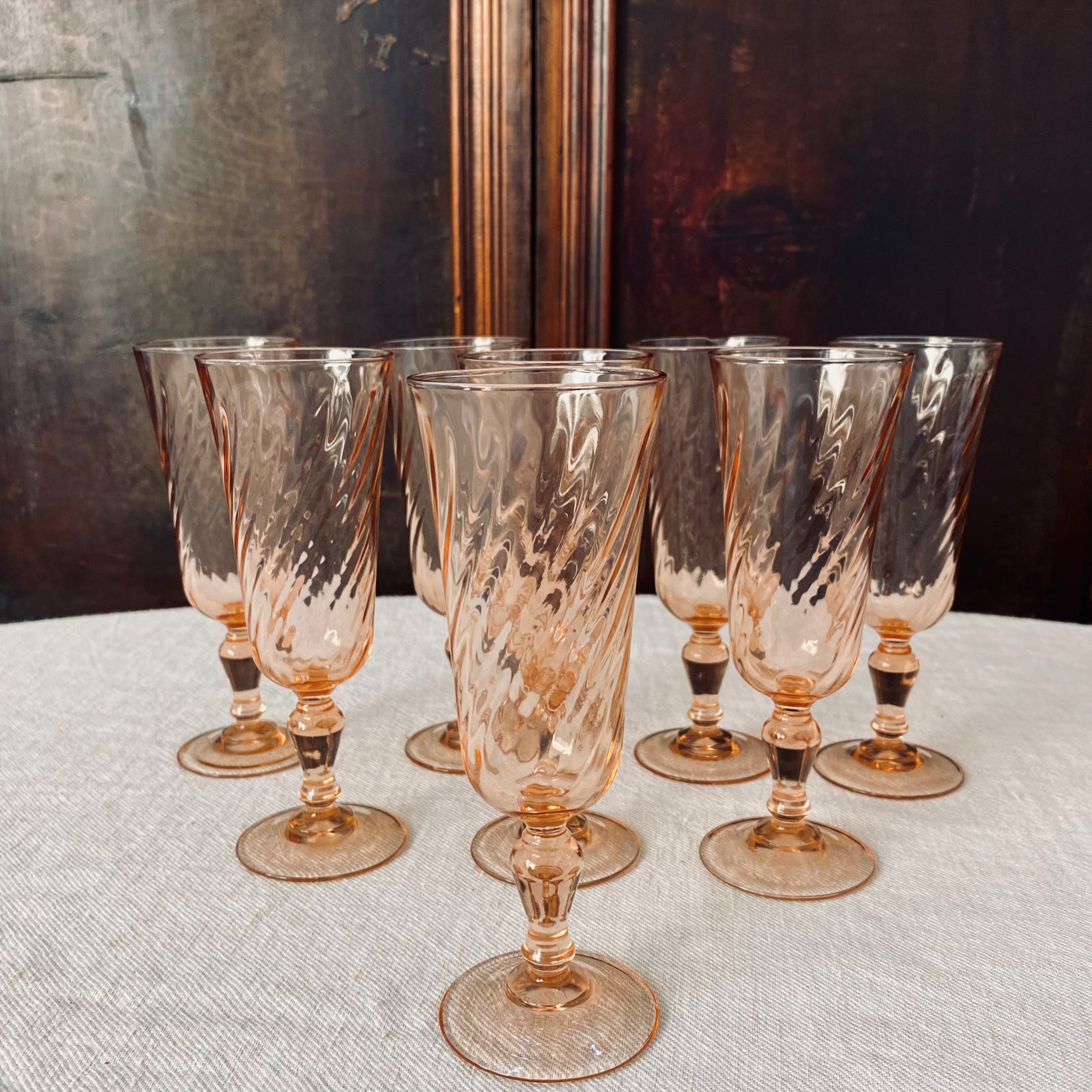 Set of 8 Vintage French Rosaline Salmon Pink Champagne Glasses