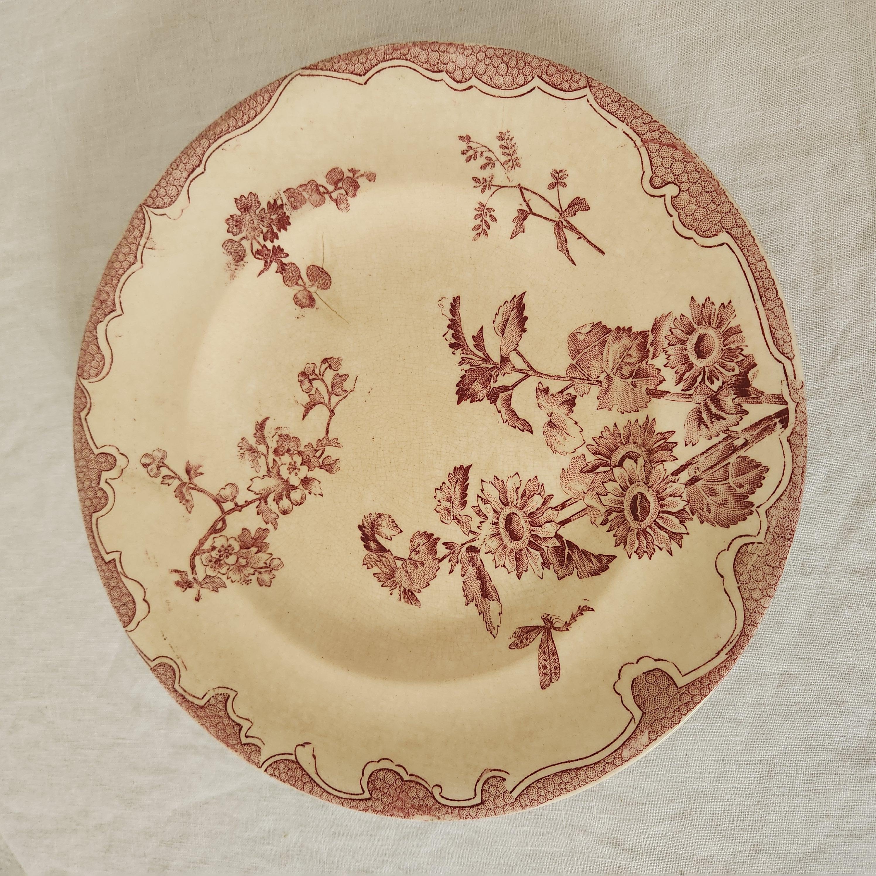 Antique Soliel Longwy Burgundy and White Dandelion Plate
