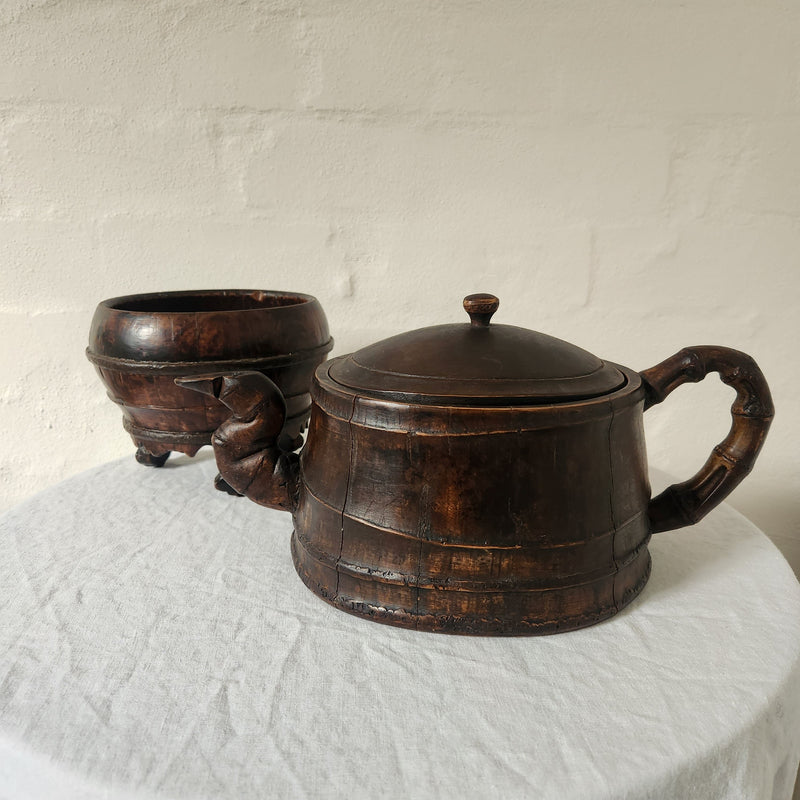 Beautiful Wooden Pot with Lid and Spout