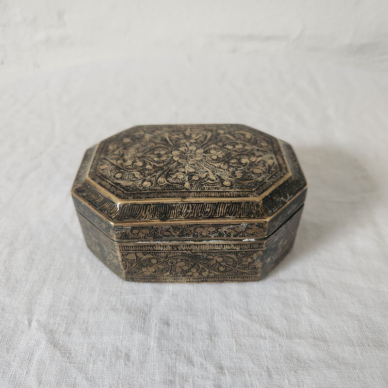 Gorgeous Engraved Brass Box with Octagonal Hinged Lid