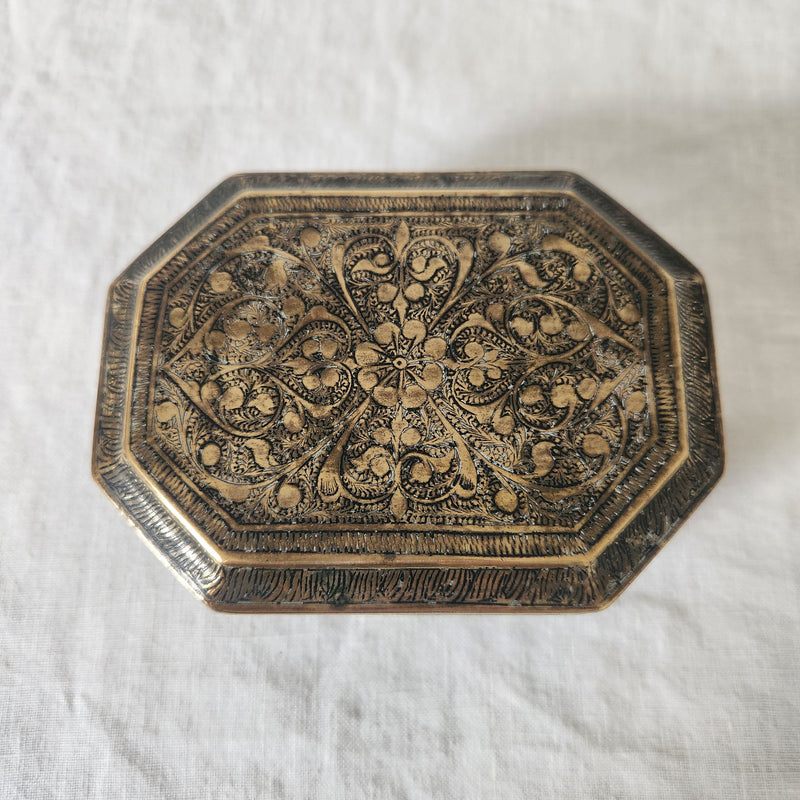 Gorgeous Engraved Brass Box with Octagonal Hinged Lid