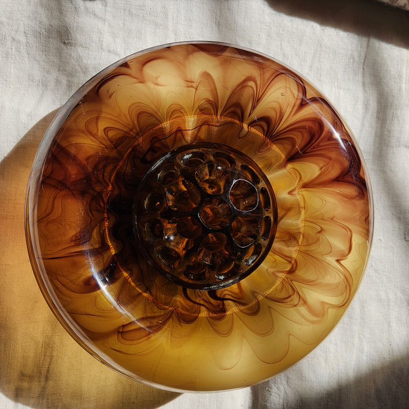 Art Deco Davidson Amber Cloud Glass Bowl with Flower Dome