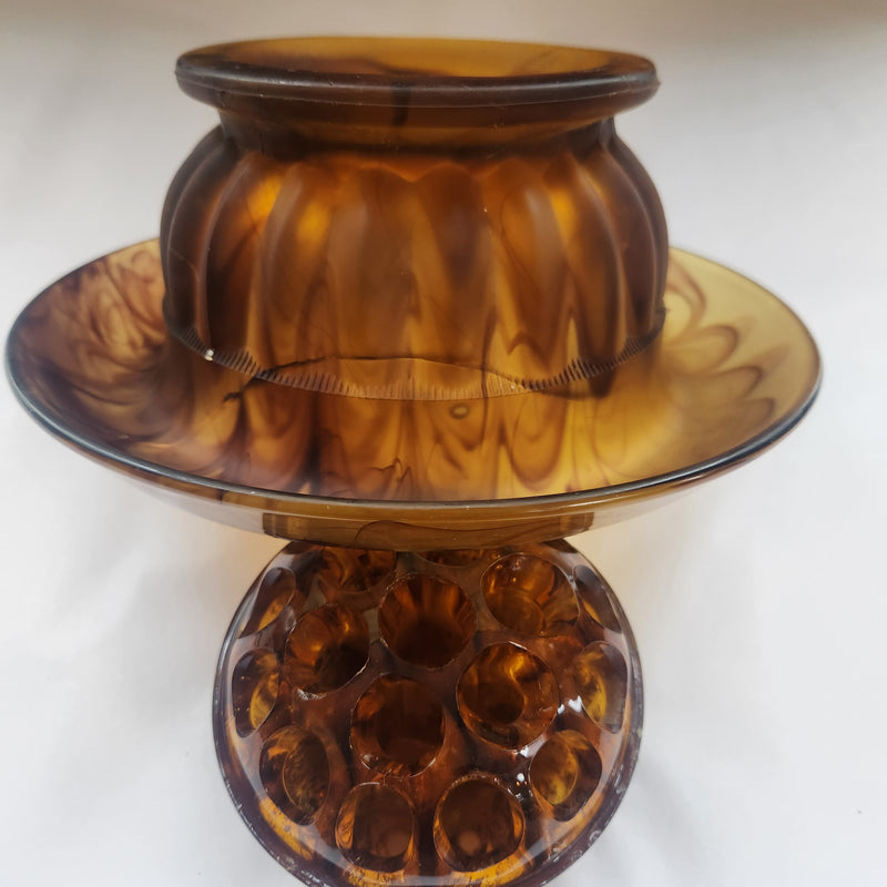 Art Deco Davidson Amber Cloud Glass Bowl with Flower Dome