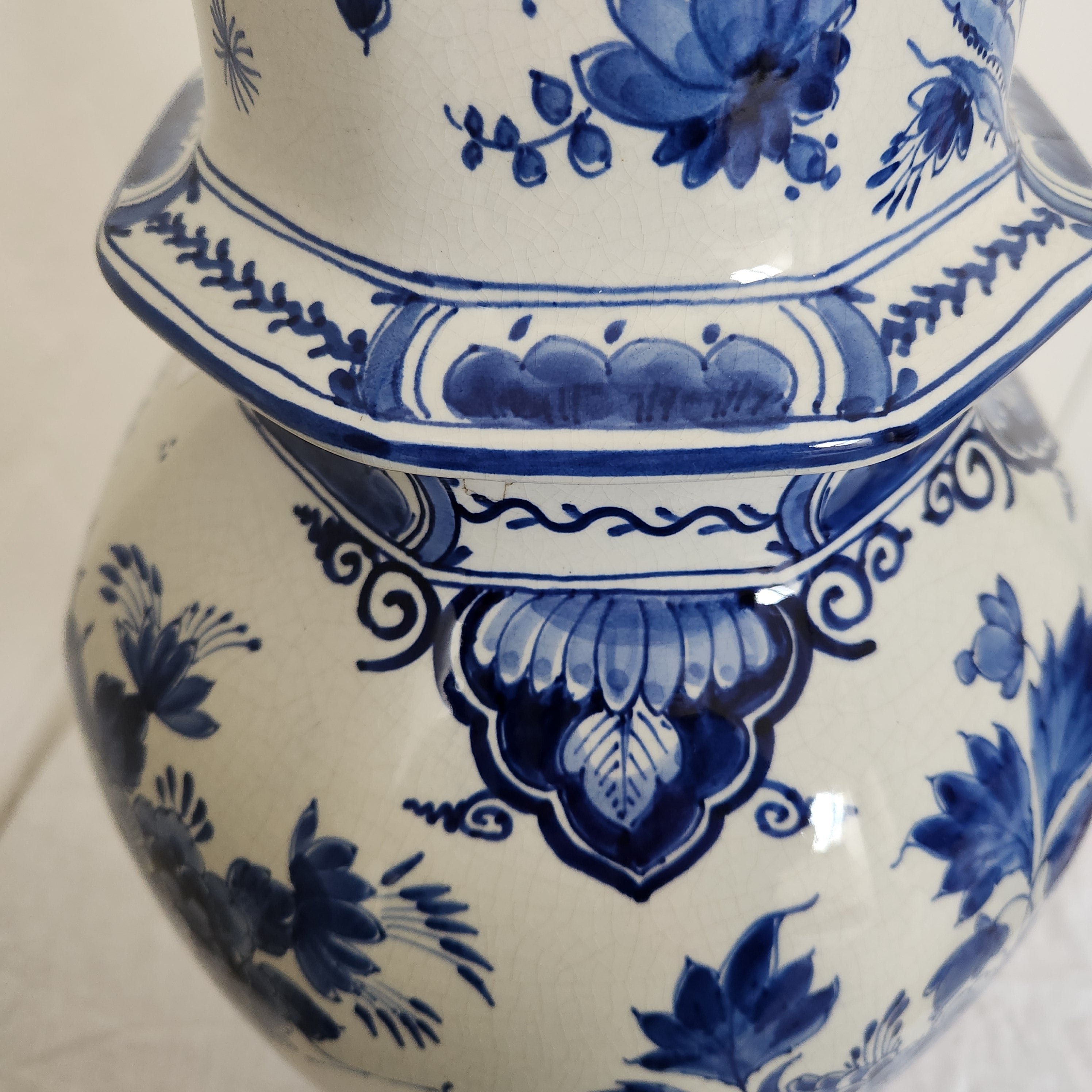 Large Vintage Handpainted Delft Vase with Dog Finial