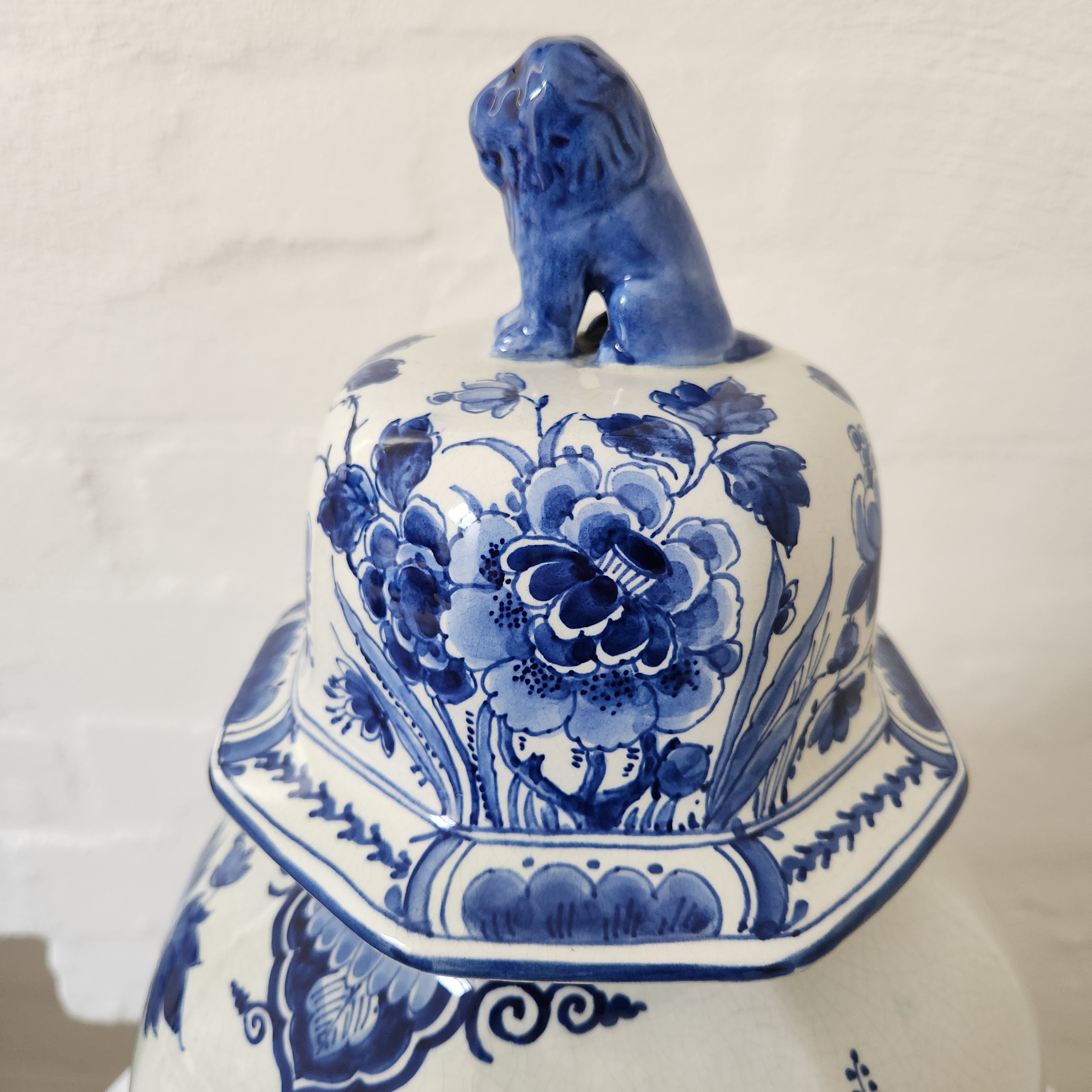 Large Vintage Handpainted Delft Vase with Dog Finial