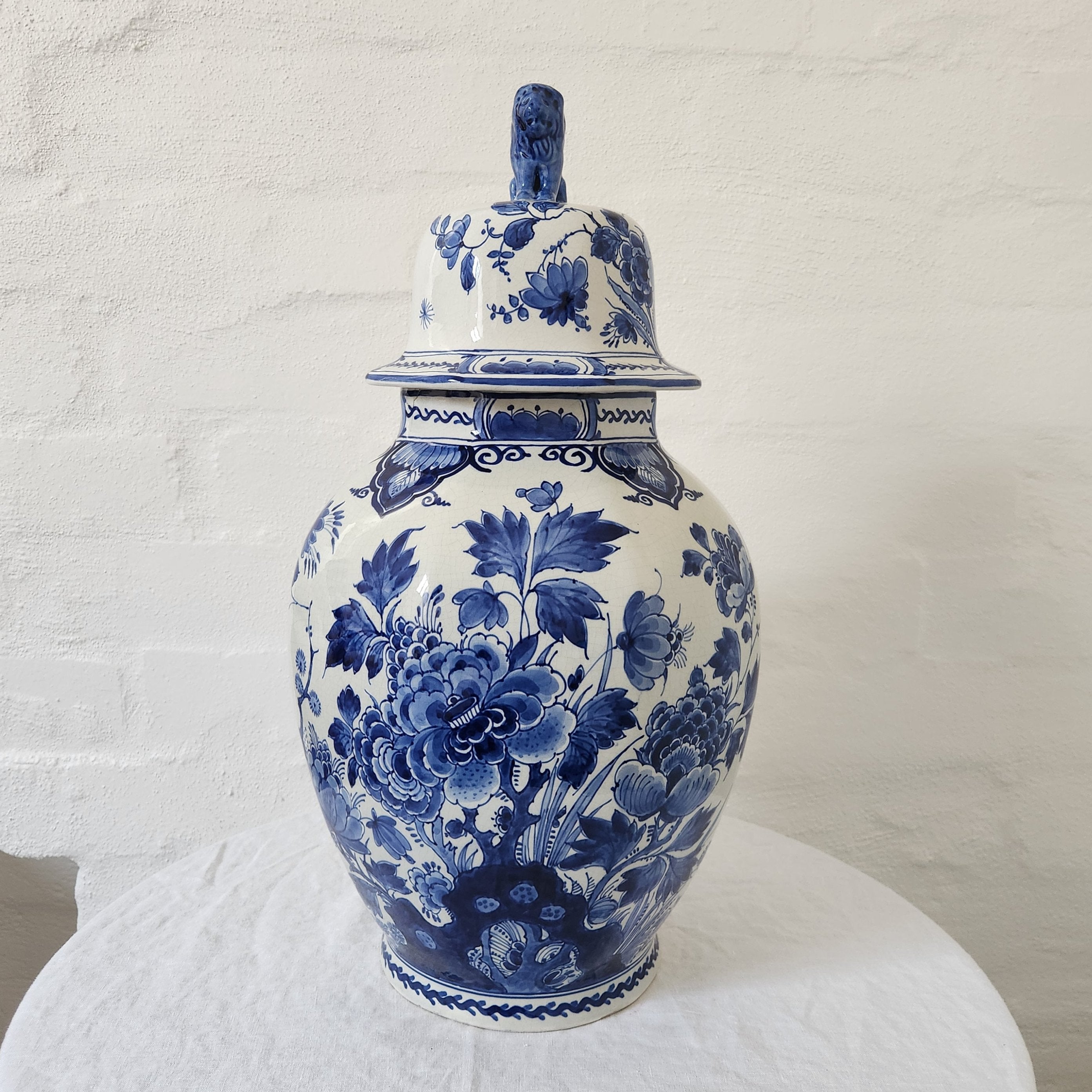 Large Vintage Handpainted Delft Vase with Dog Finial