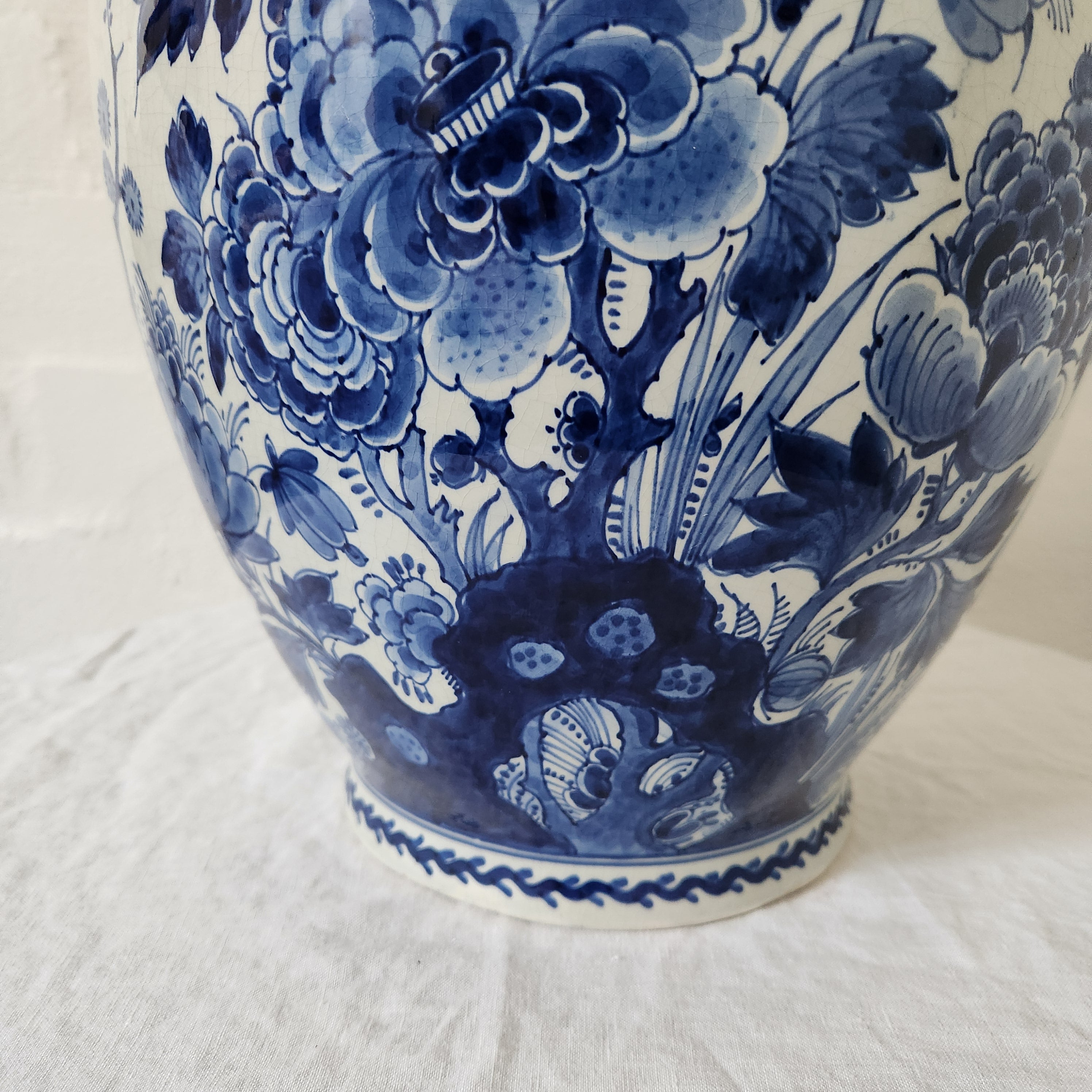 Large Vintage Handpainted Delft Vase with Dog Finial