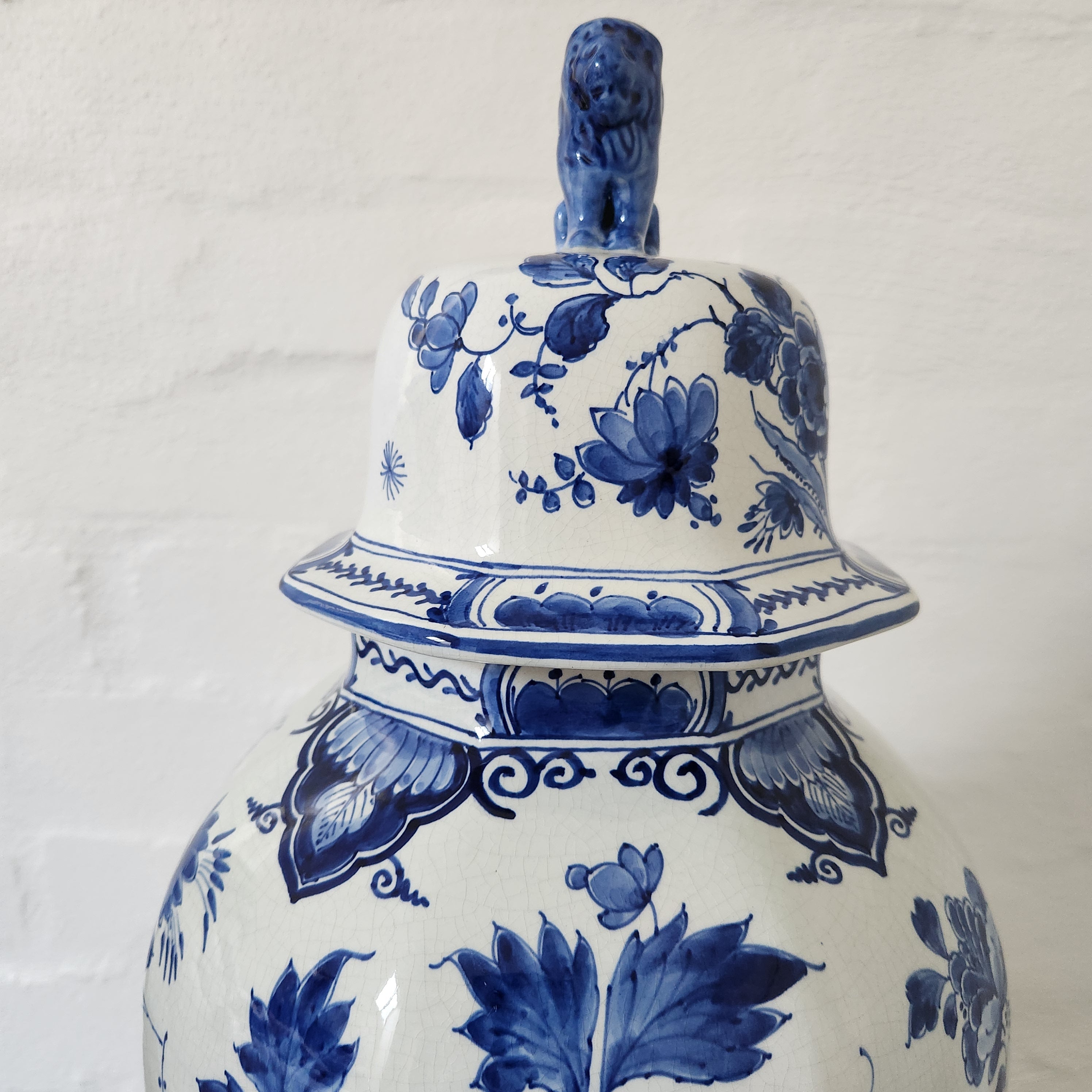 Large Vintage Handpainted Delft Vase with Dog Finial