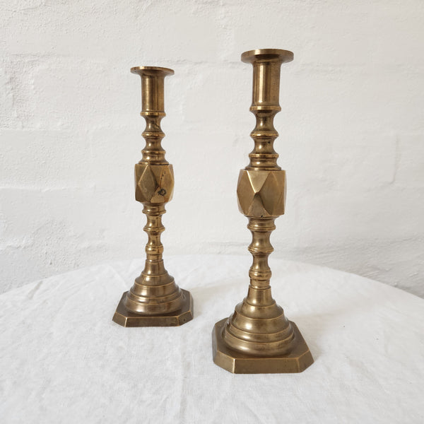 Antique Brass Diamond pattern Candlestick pair