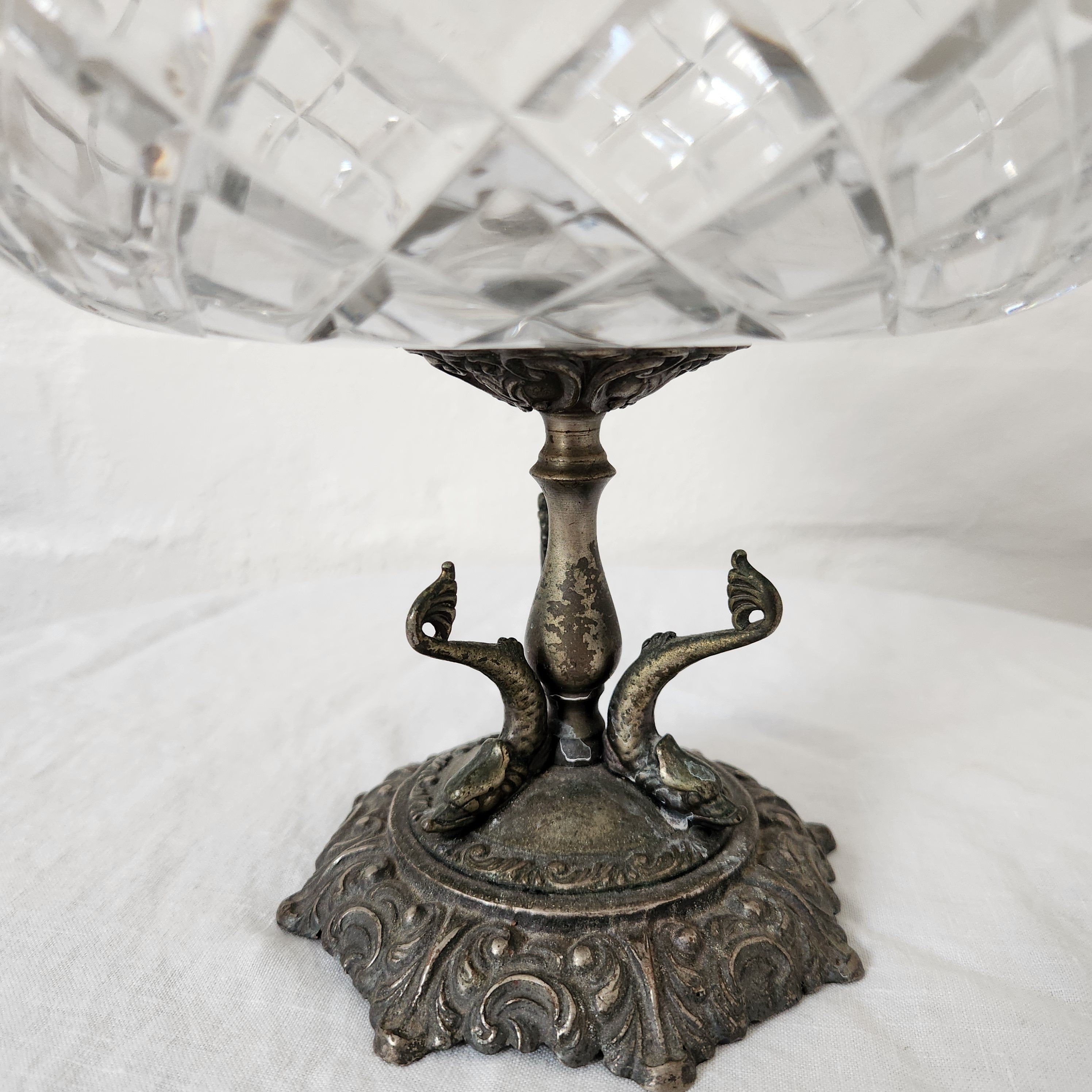 Vintage Bronzed Brass and Crystal Comport with Fish Motifs to Base