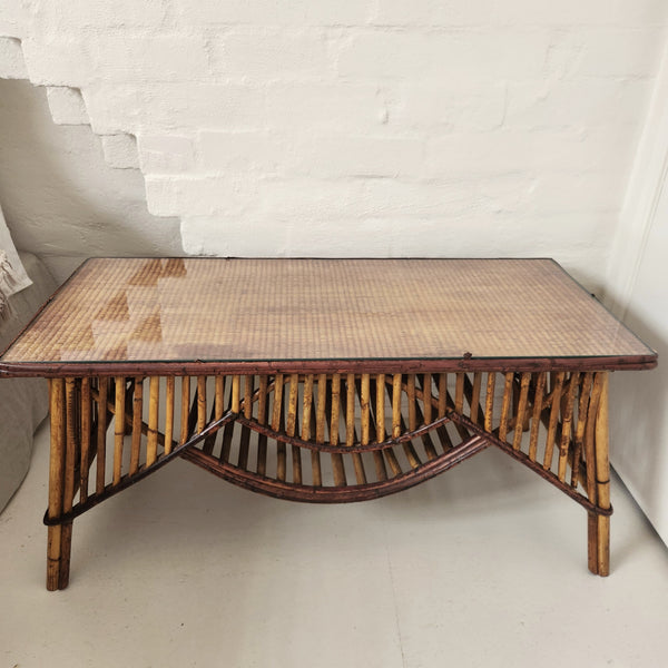 Gorgeous Vintage Tiger Cane Coffee Table with Glass Top