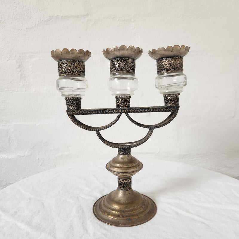 Vintage Glass & Metal Moroccan Candelabra