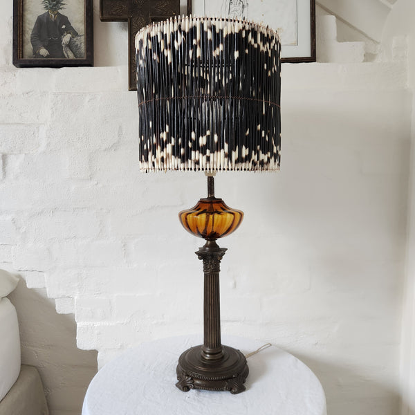 Vintage Brass and Amber Glass Lamp with Porcupine Quill Shade