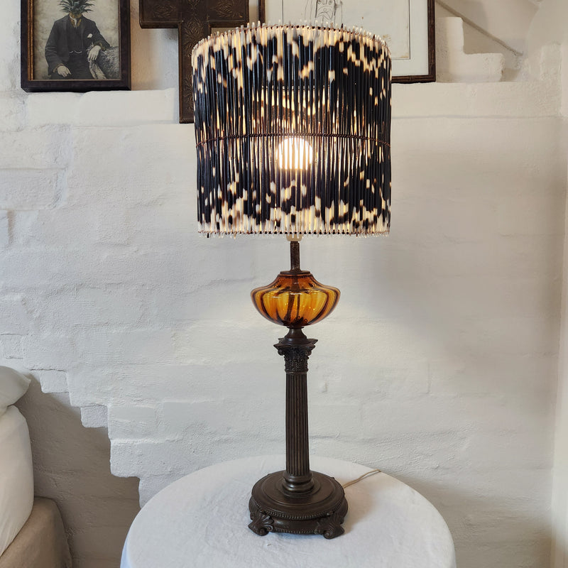 Vintage Brass and Amber Glass Lamp with Porcupine Quill Shade