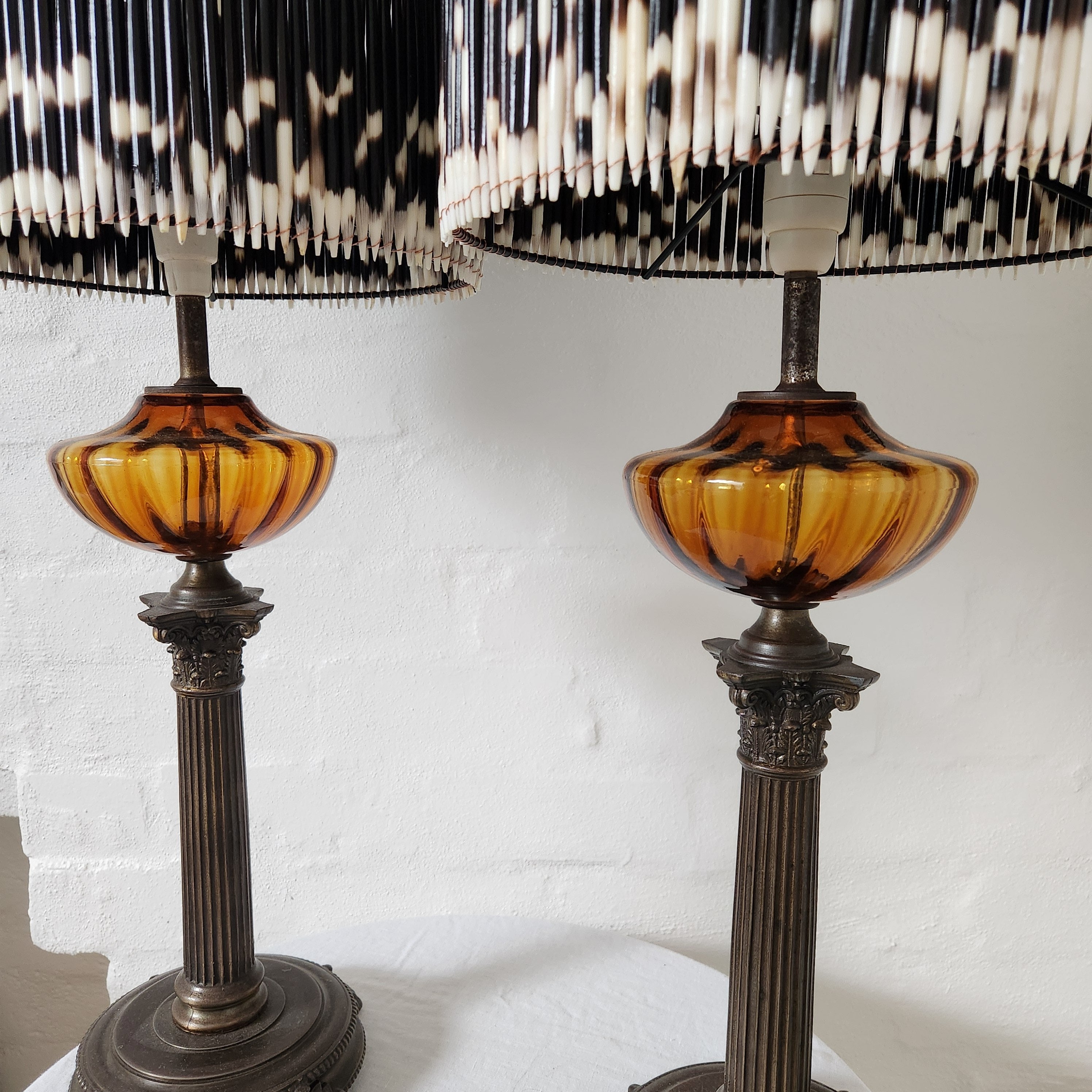 Vintage Brass and Amber Glass Lamp with Porcupine Quill Shade