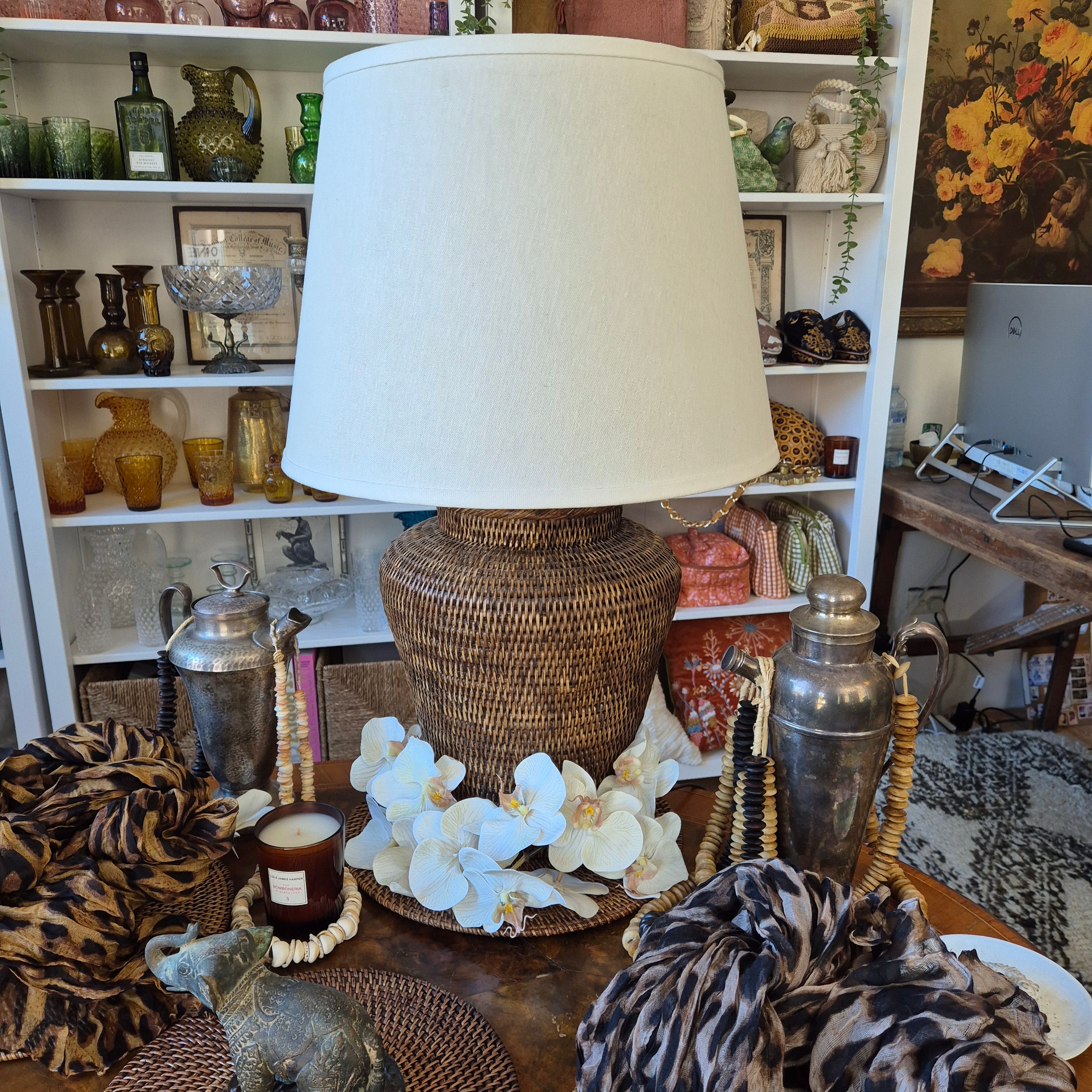 Vintage Rattan Lamp with Linen Parchment Shade