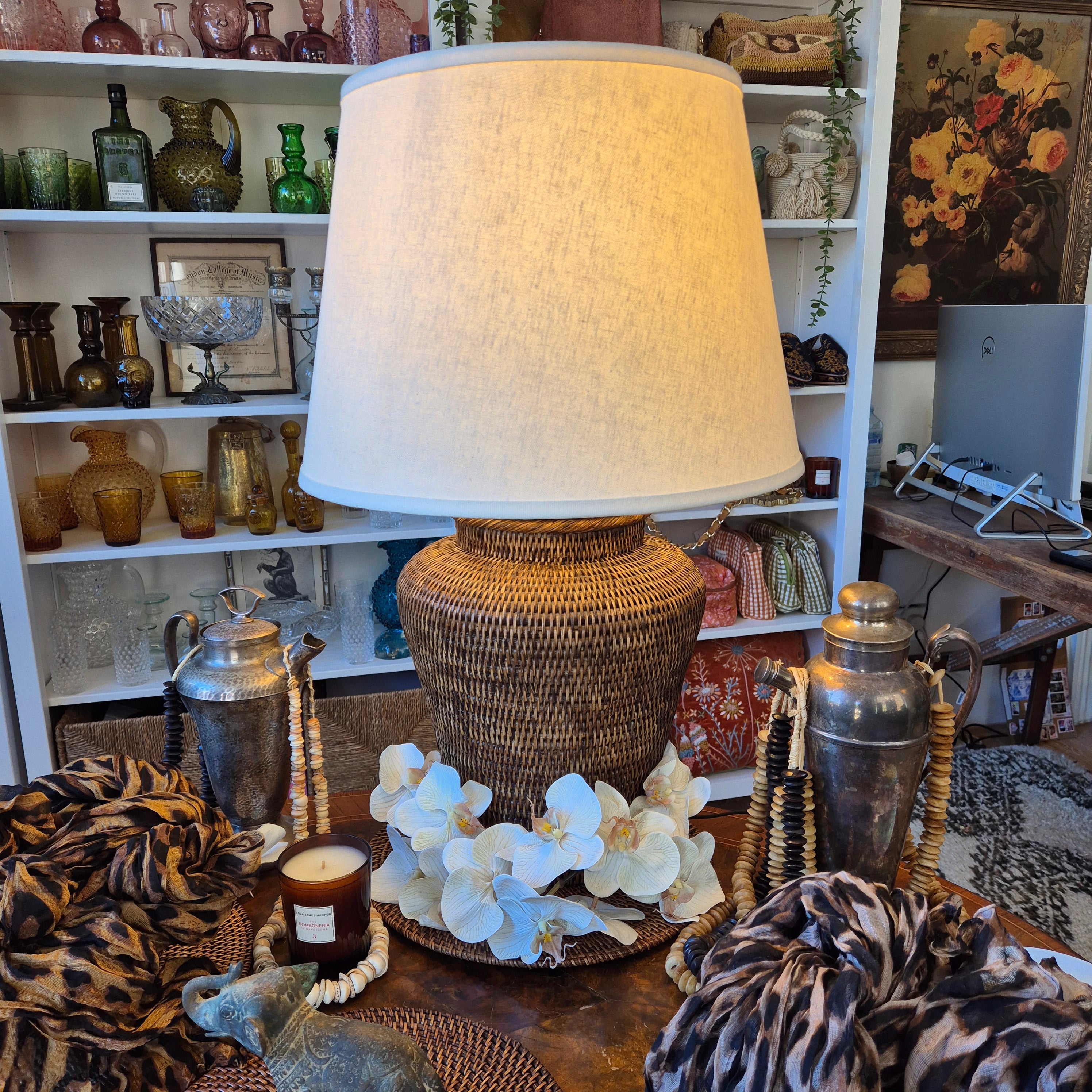 Vintage Rattan Lamp with Linen Parchment Shade
