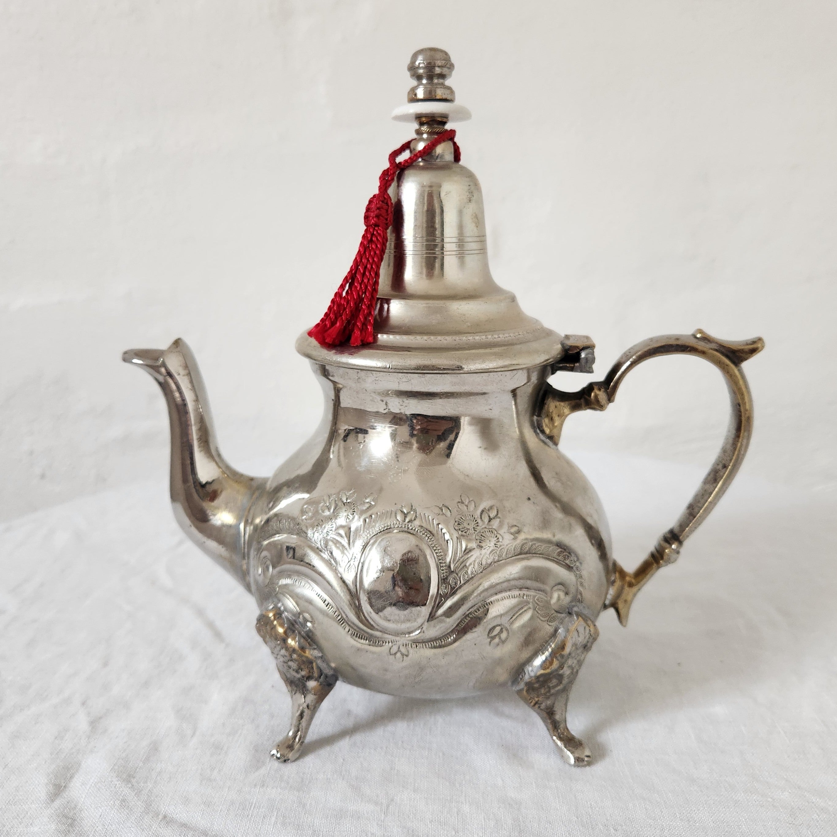 Vintage Silver Plated Moroccan Tea Pot Red Tassel