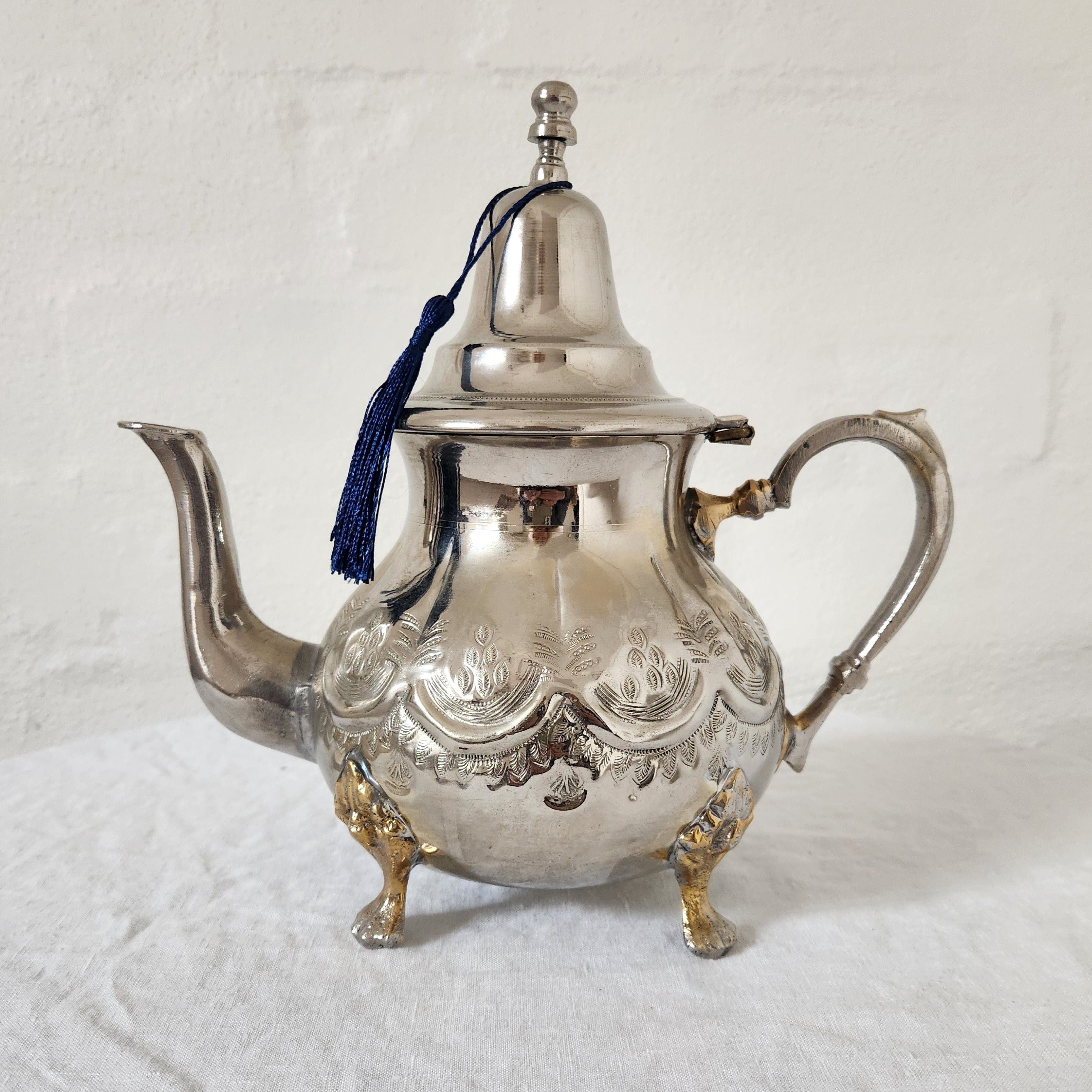 Beautiful Vintage Silver Plated Moroccan Teapot with Feet and Blue Tassel