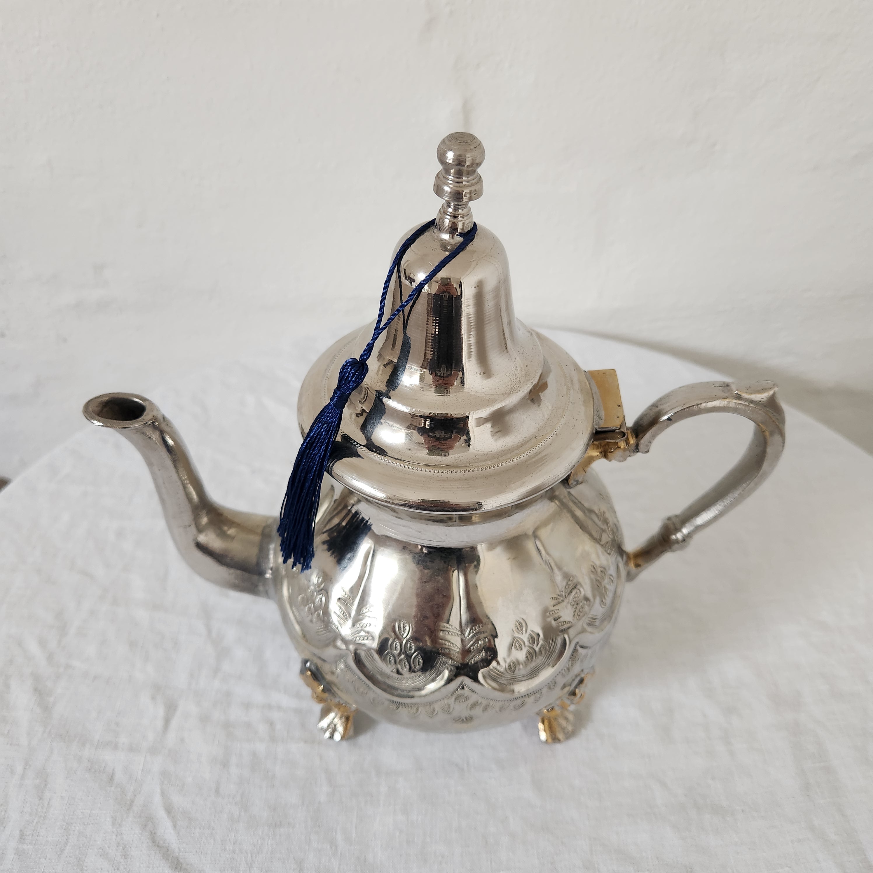 Beautiful Vintage Silver Plated Moroccan Teapot with Feet and Blue Tassel
