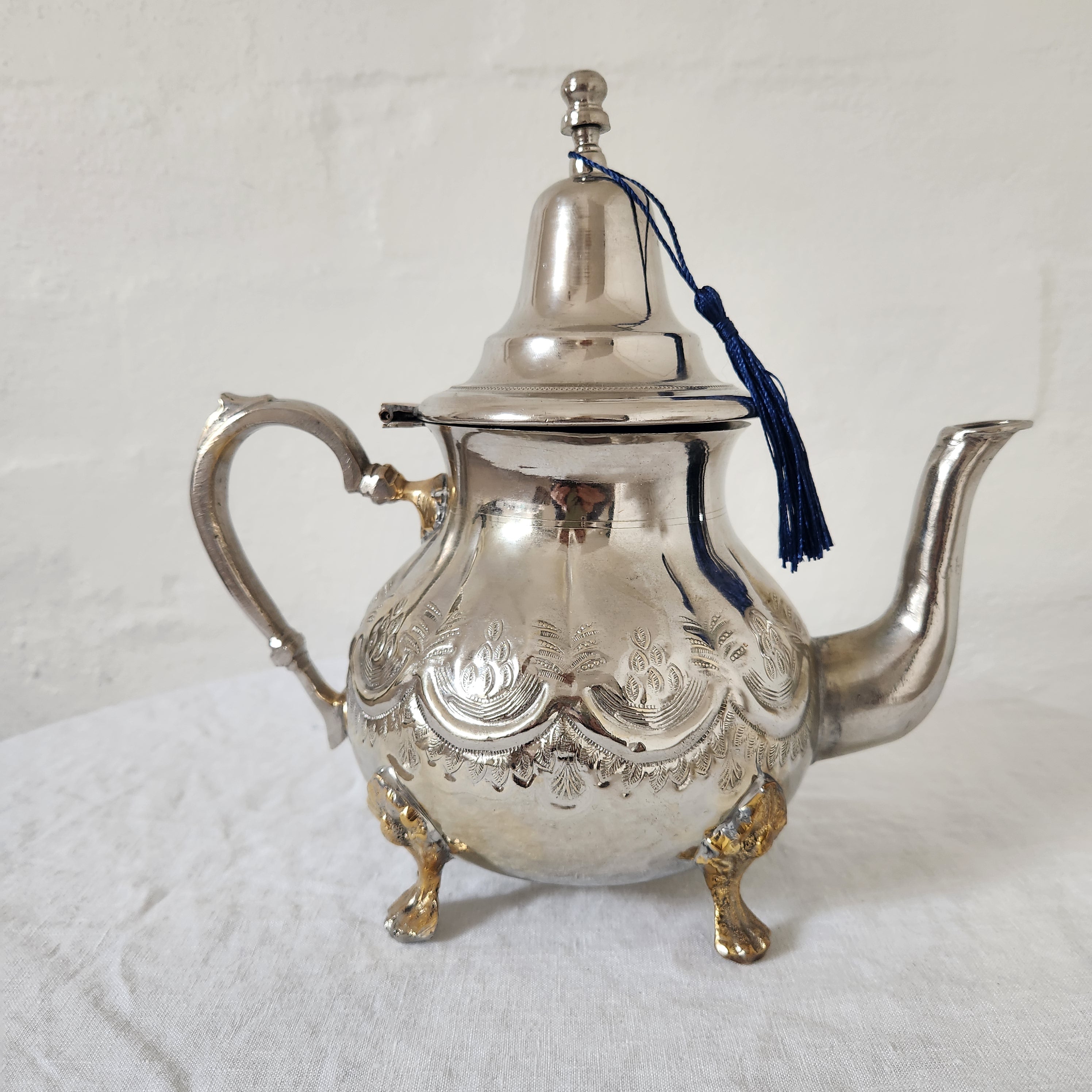 Beautiful Vintage Silver Plated Moroccan Teapot with Feet and Blue Tassel