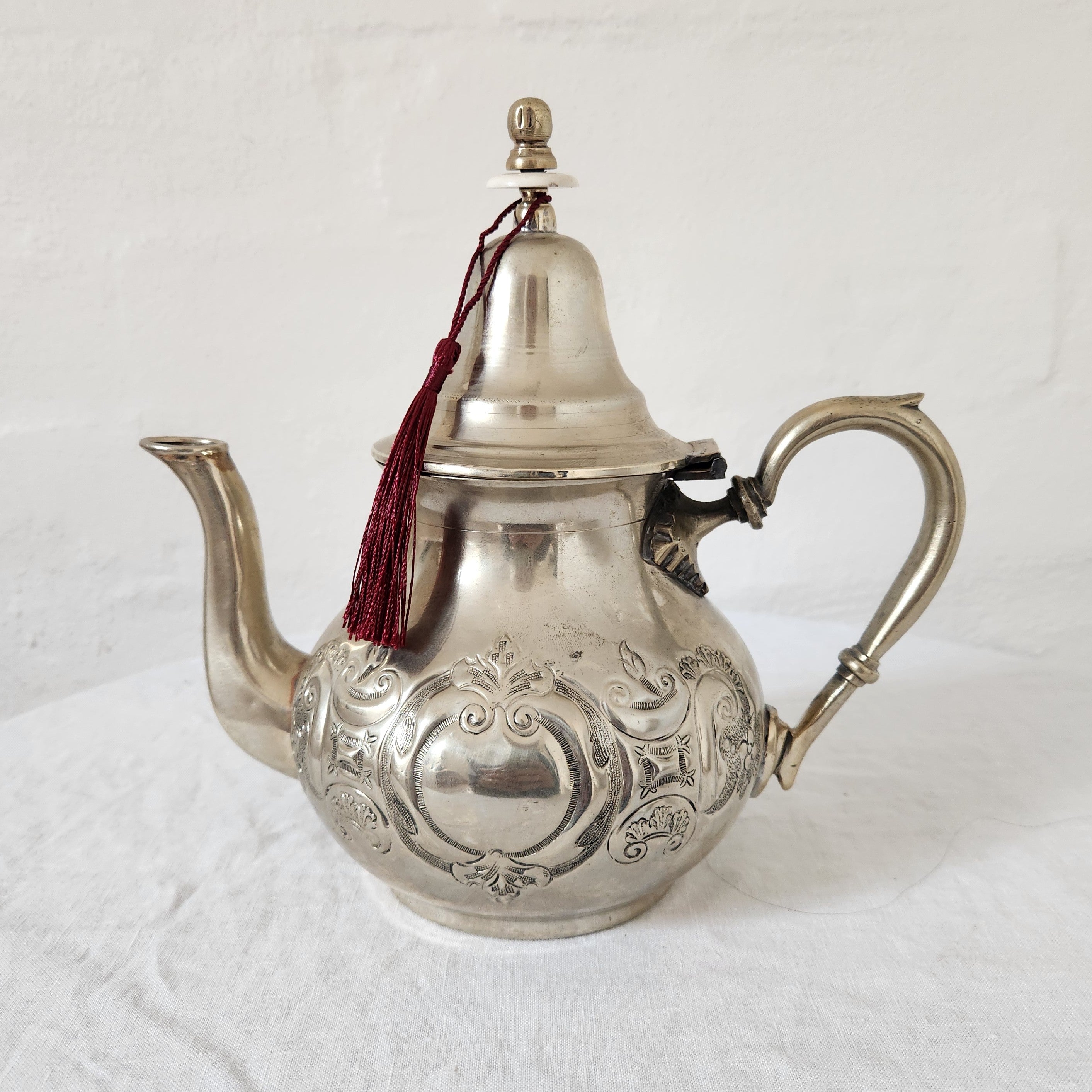 Beautiful Vintage Silver Plated Moroccan Tea Pot, Burgundy Tassel