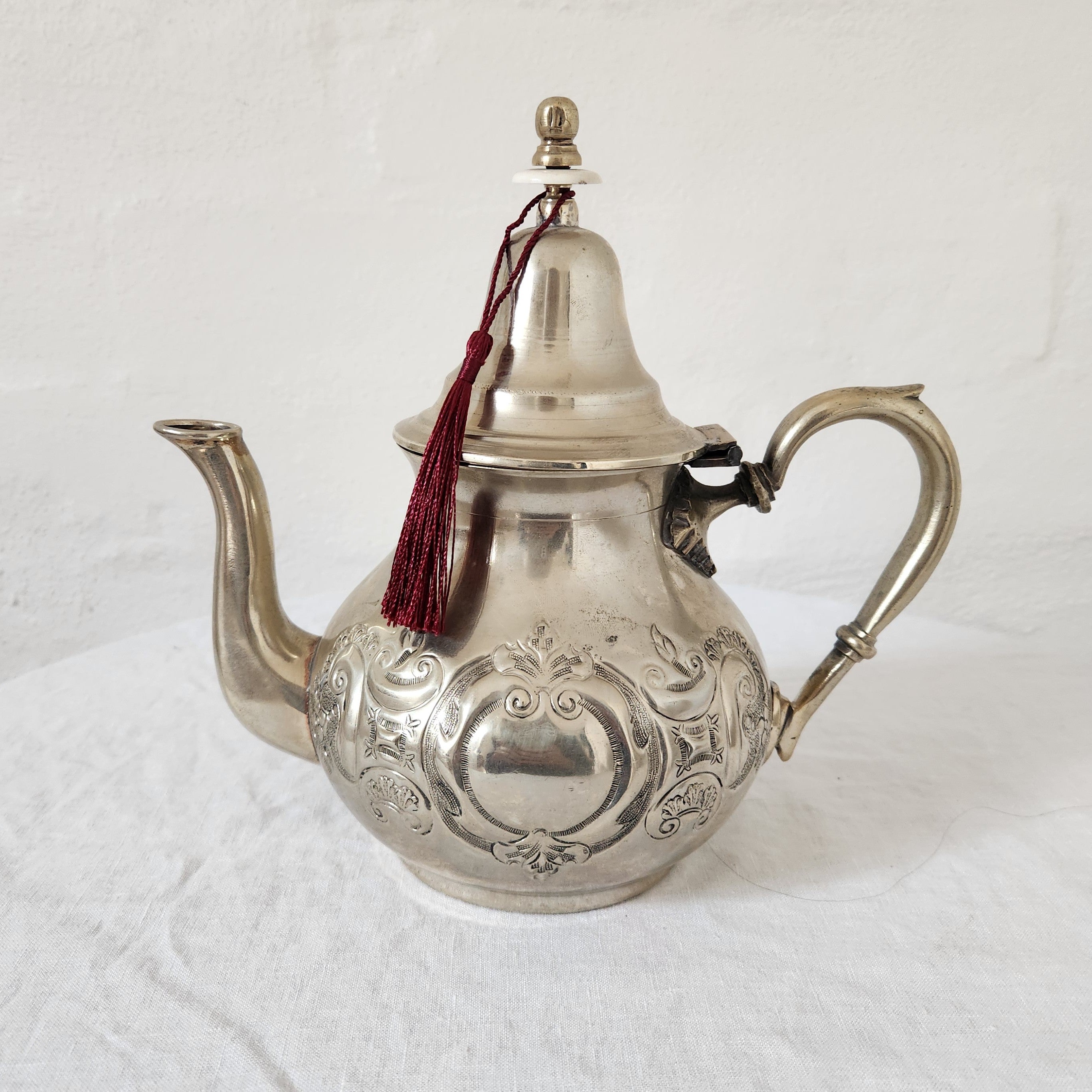 Beautiful Vintage Silver Plated Moroccan Tea Pot, Burgundy Tassel