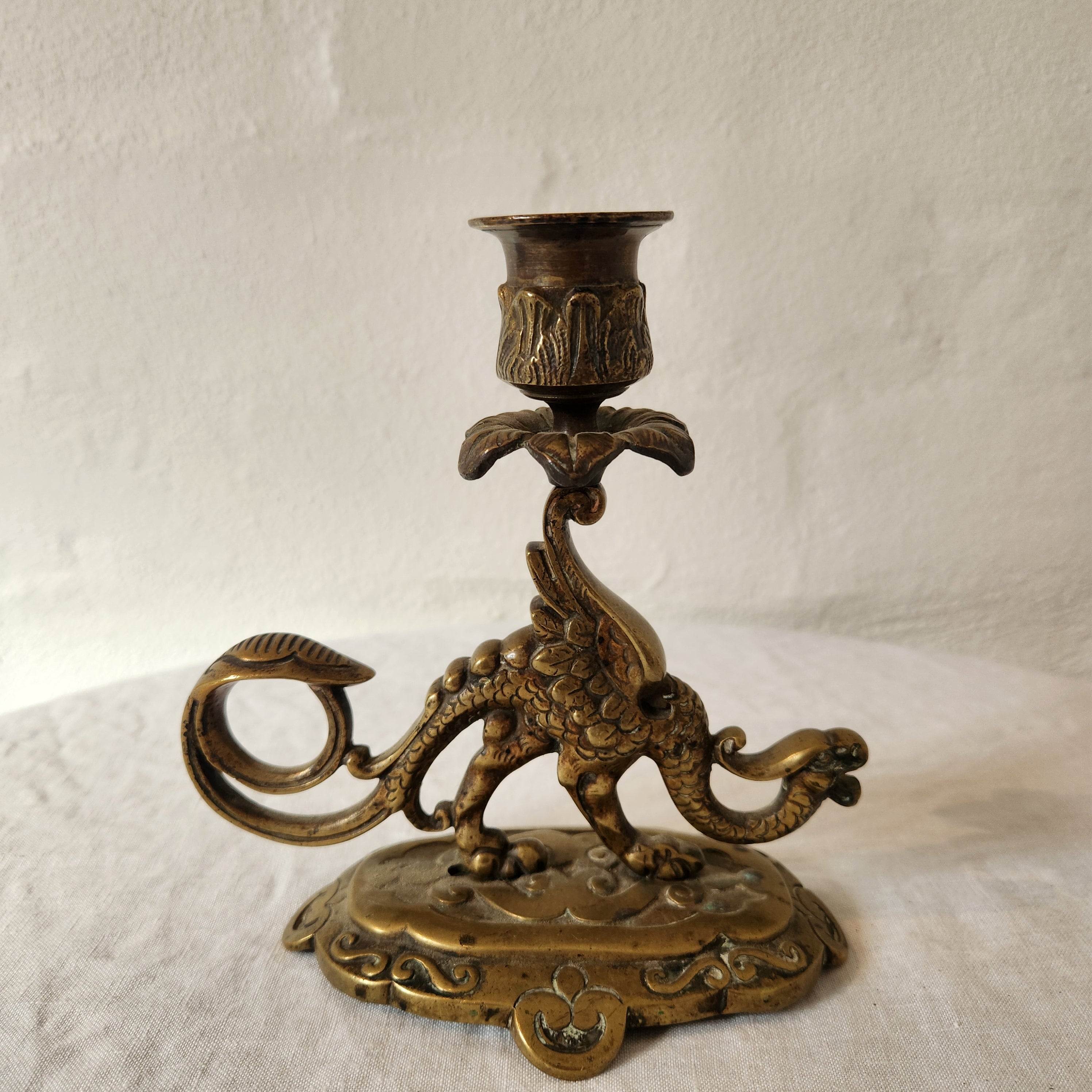 Vintage French Brass Candlestick with Dragon