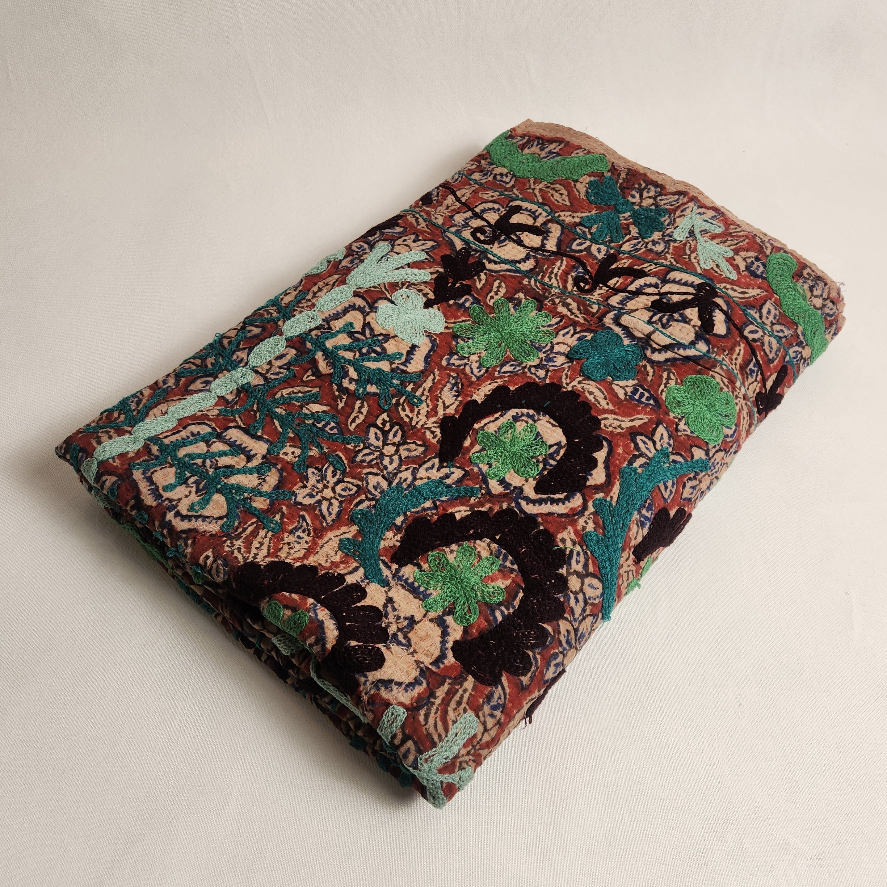 Suzani Vintage Kantha Throw - Turquoise, Mint, Terracotta