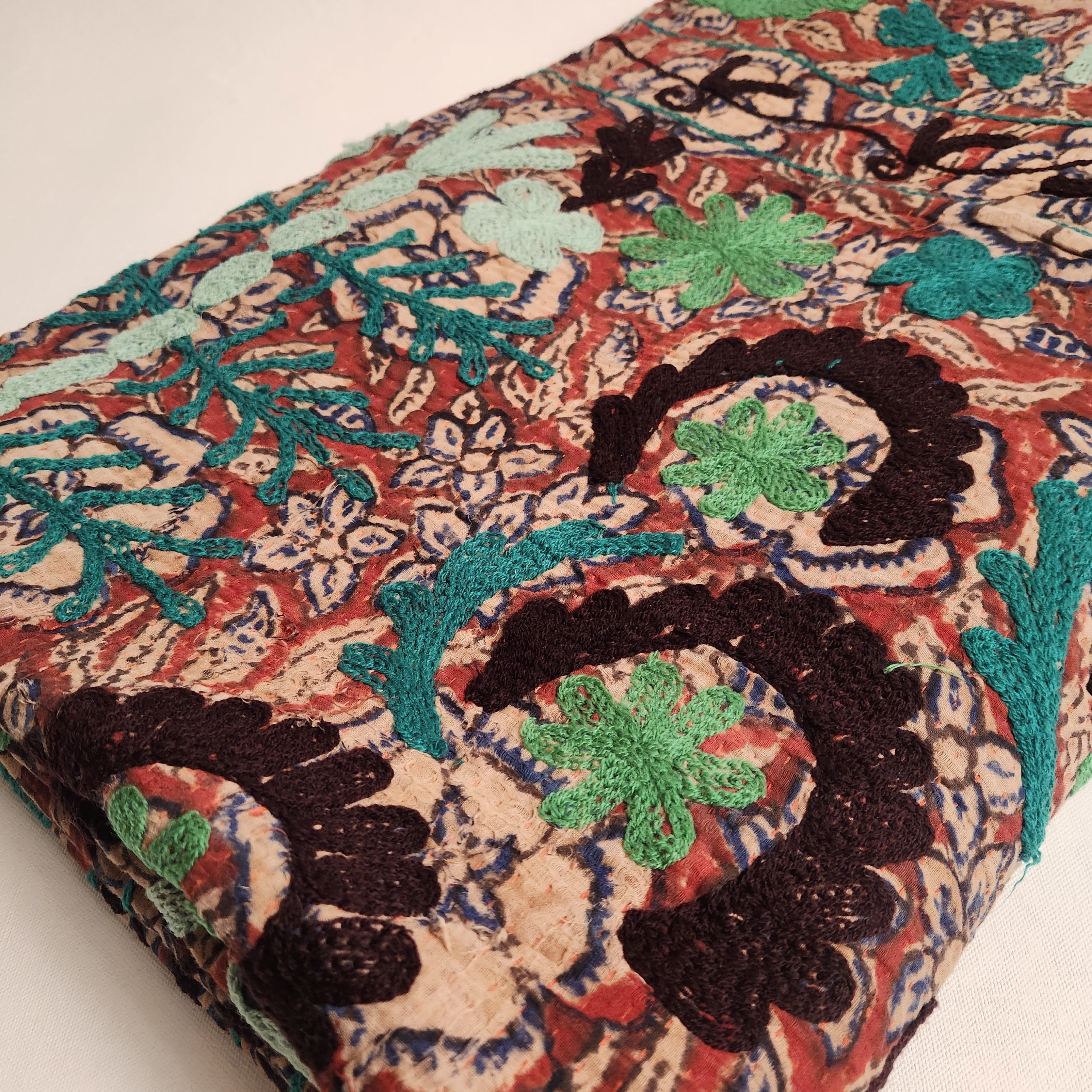 Suzani Vintage Kantha Throw - Turquoise, Mint, Terracotta