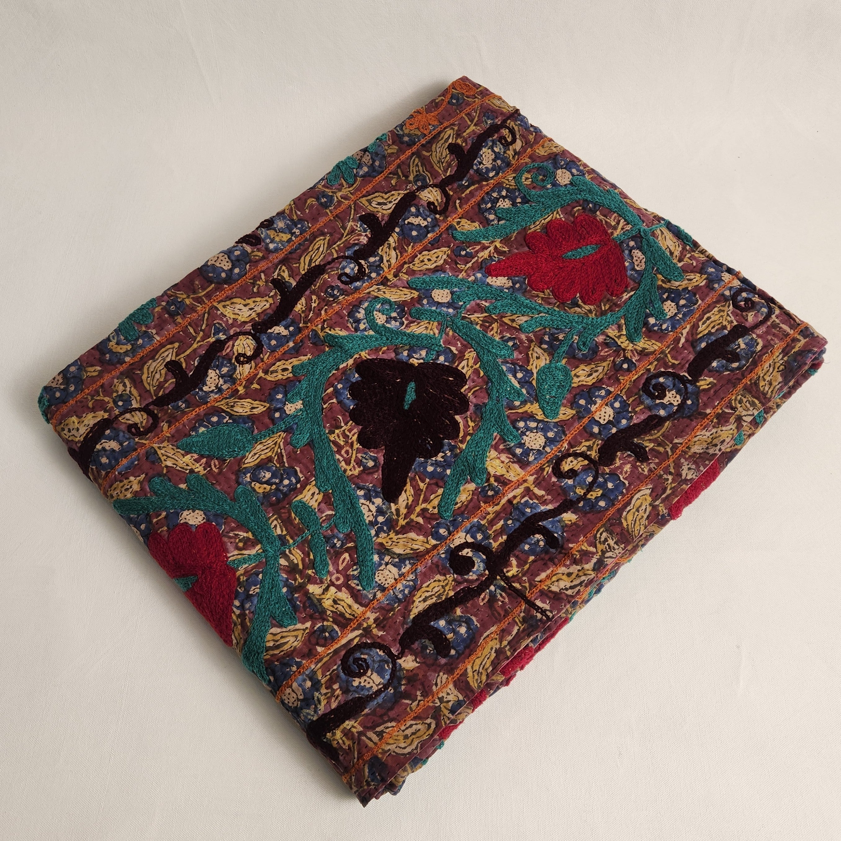 Suzani Vintage Kantha Throw - Aqua, Orange, Grape #2