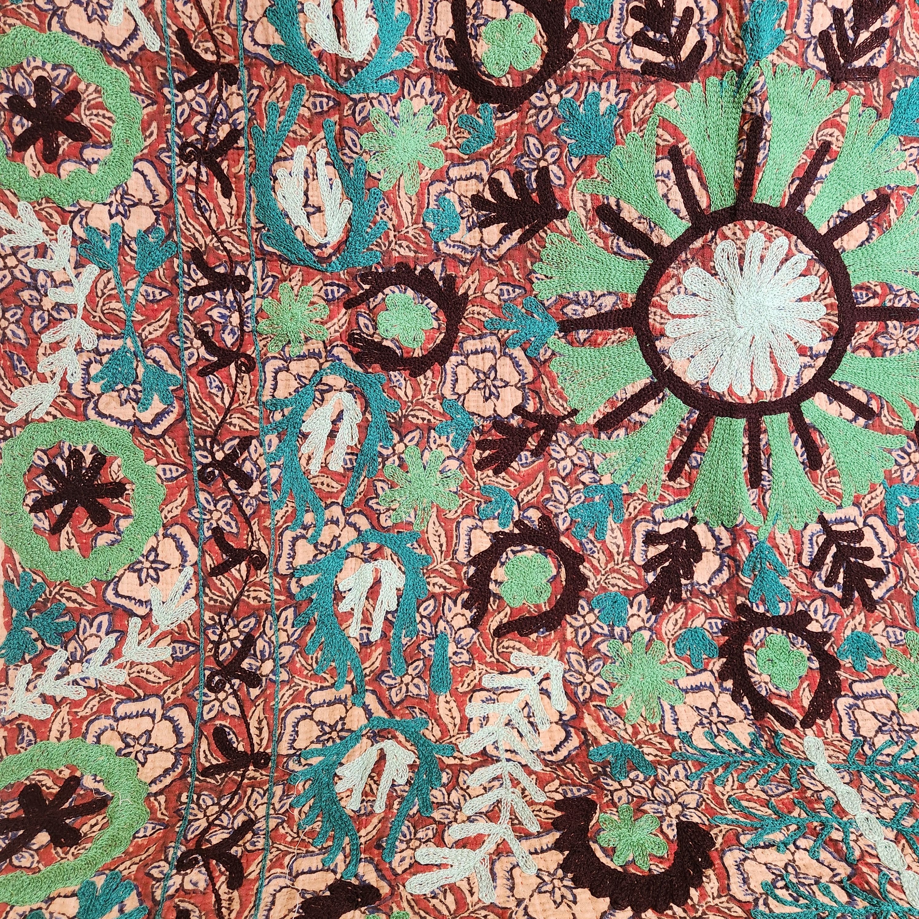 Suzani Vintage Kantha Throw - Turquoise, Mint, Terracotta
