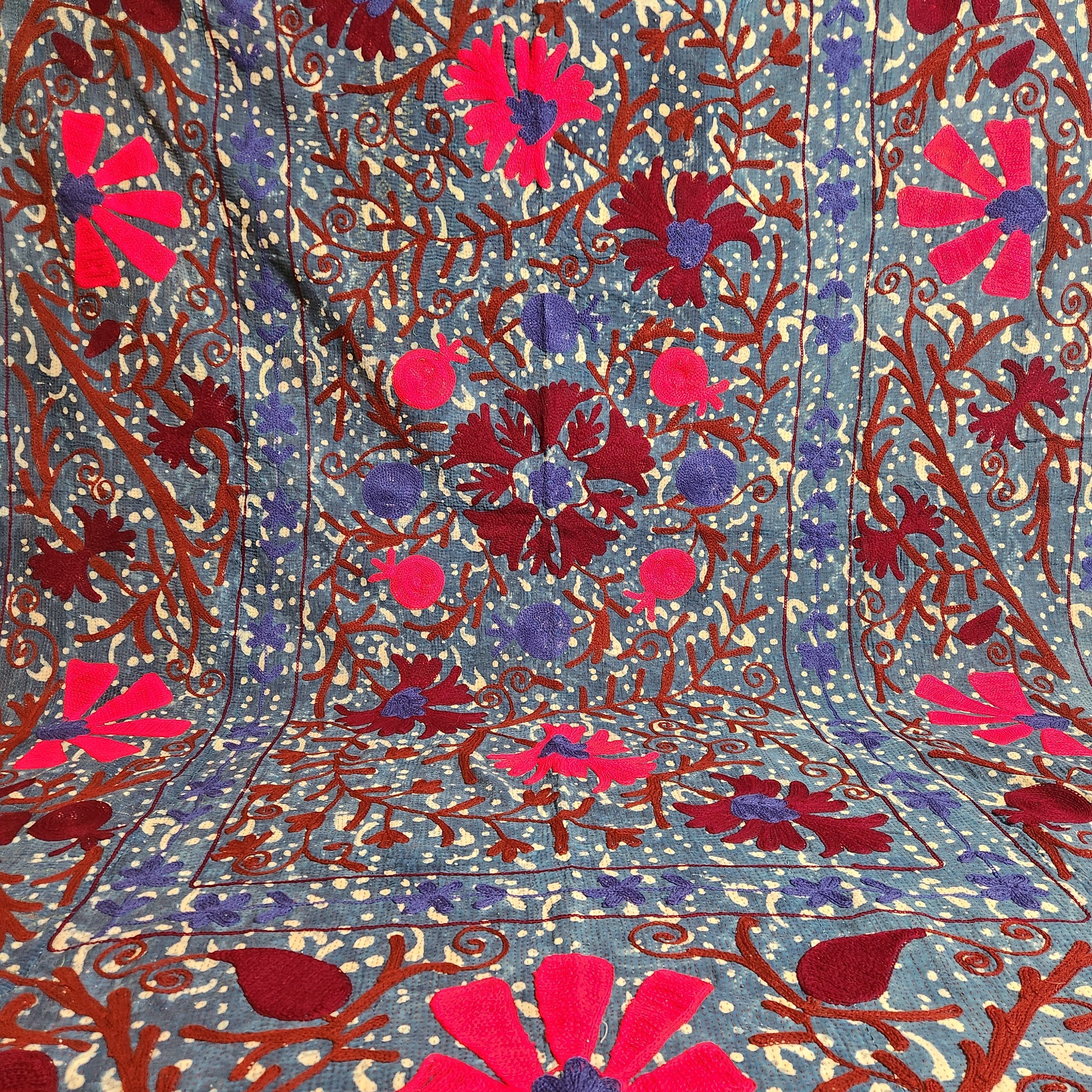 Suzani Vintage Kantha Throw - Blue with Red Flowers