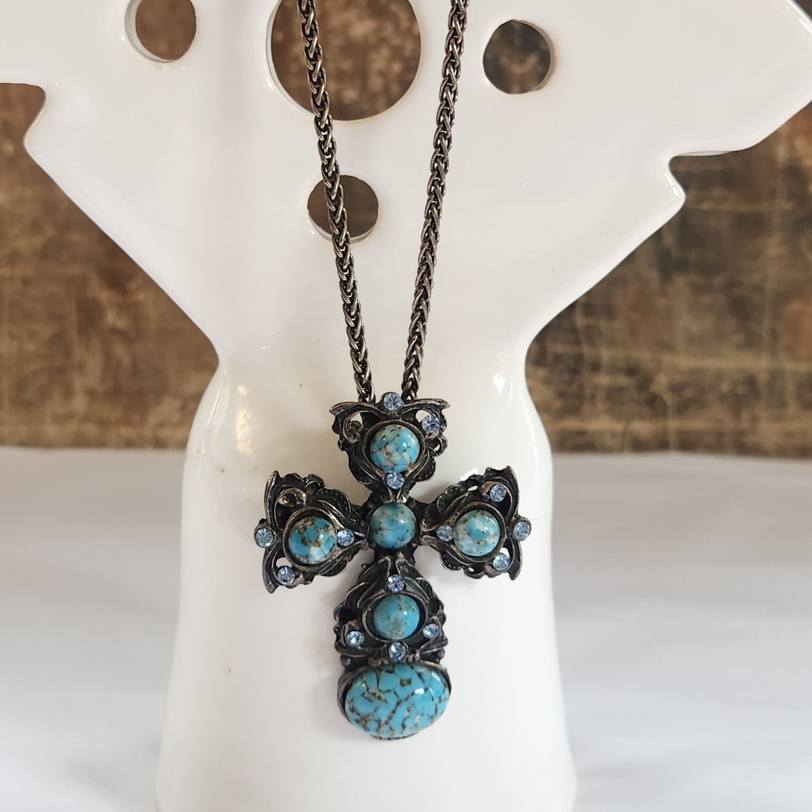 Vintage Silver Turquoise Cross Chain Necklace