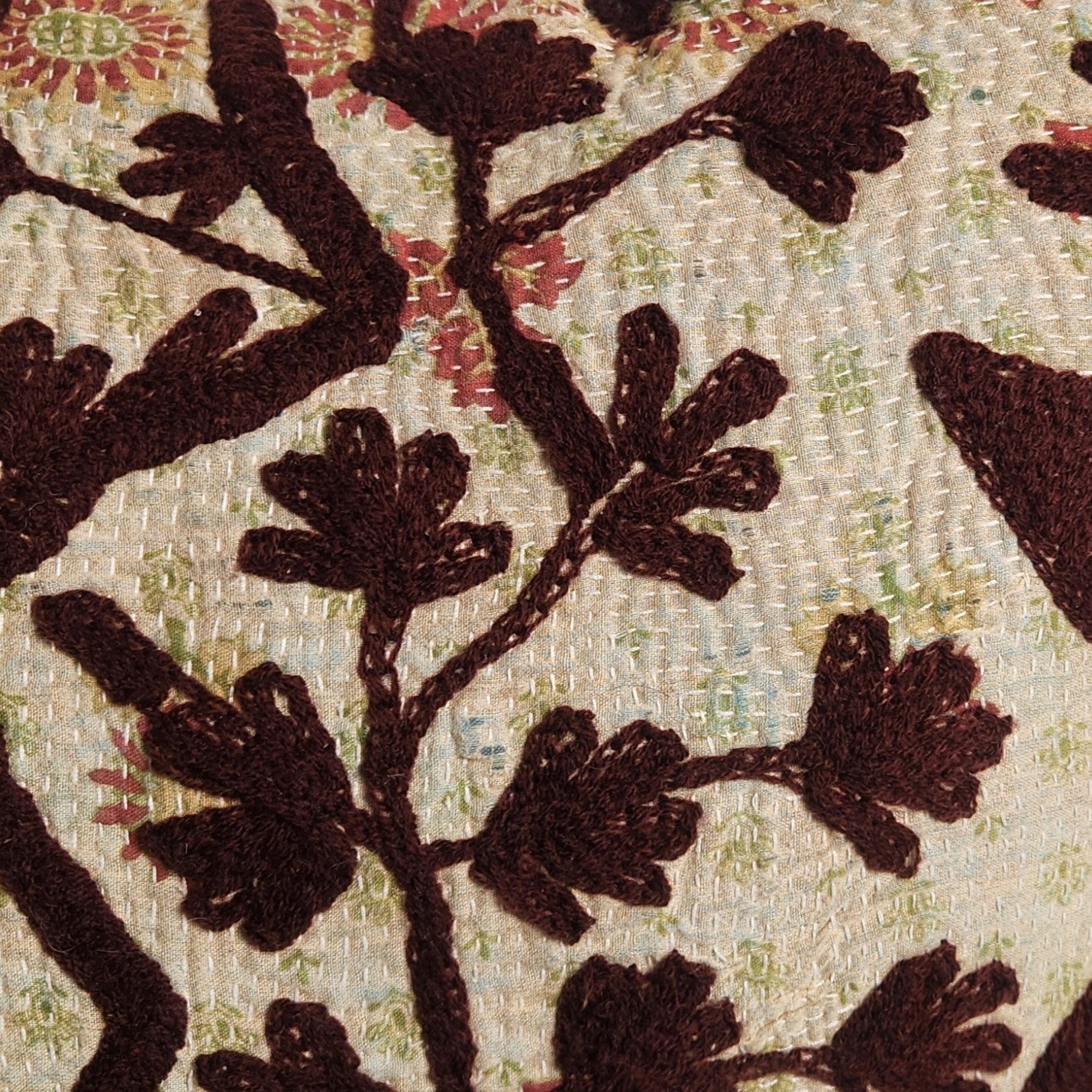 Suzani Cushion #35 - Burgundy, Oatmeal, Green 50x50