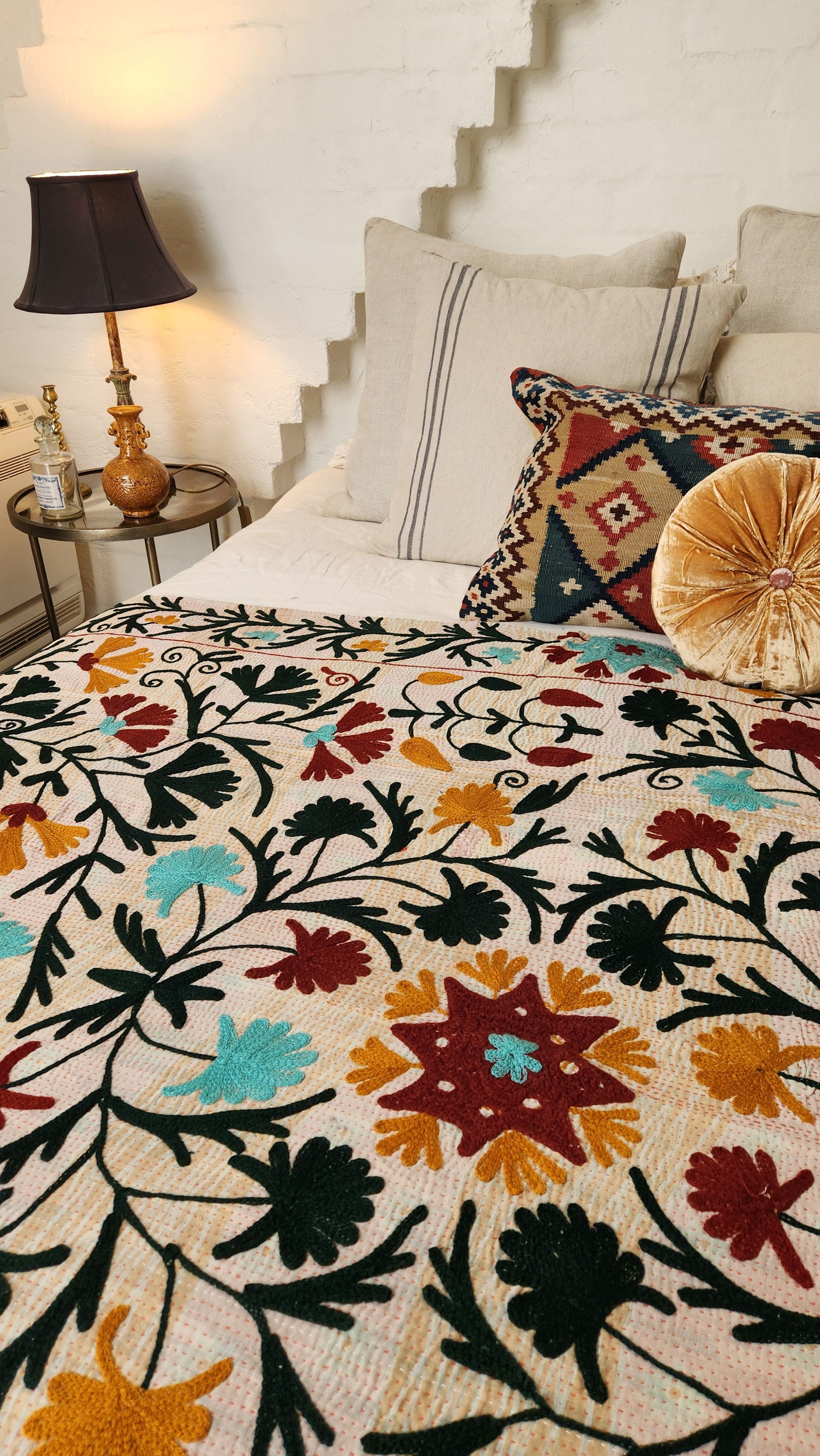 Vintage Suzani Kantha Throw - Mustard Rust & Green