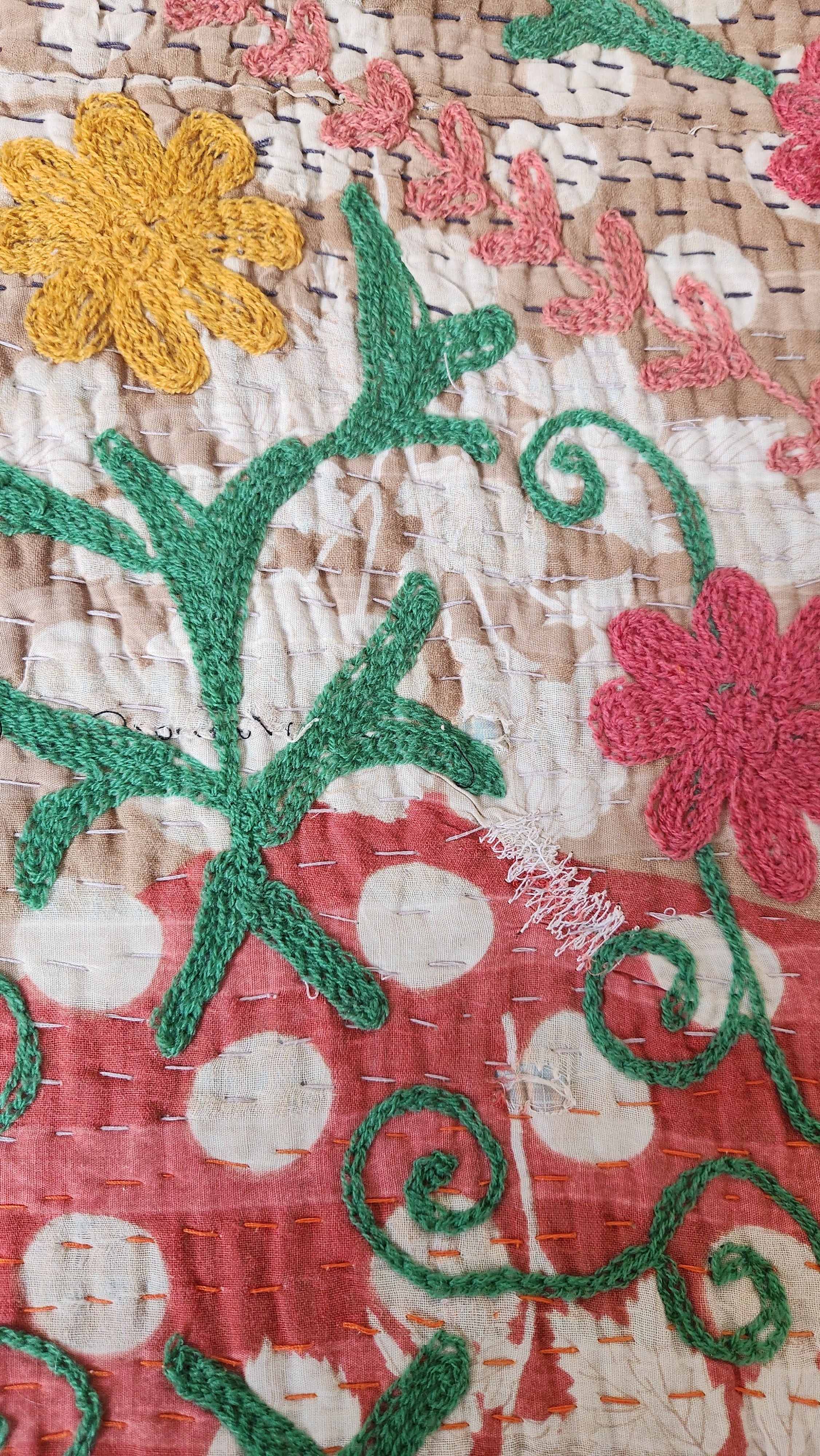 Vintage Suzani Kantha Throw - Pink White Polka Dot