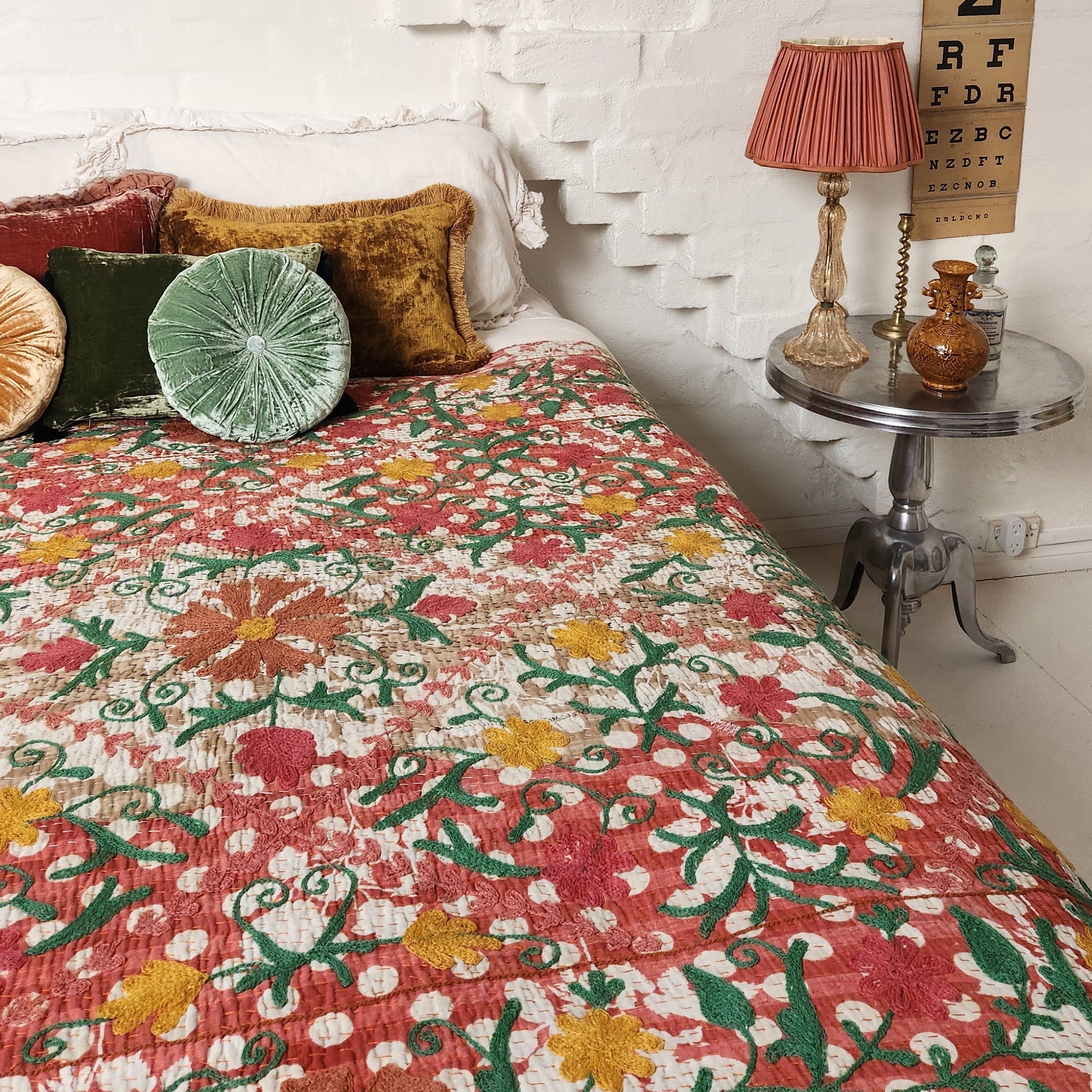 Vintage Suzani Kantha Throw - Pink White Polka Dot