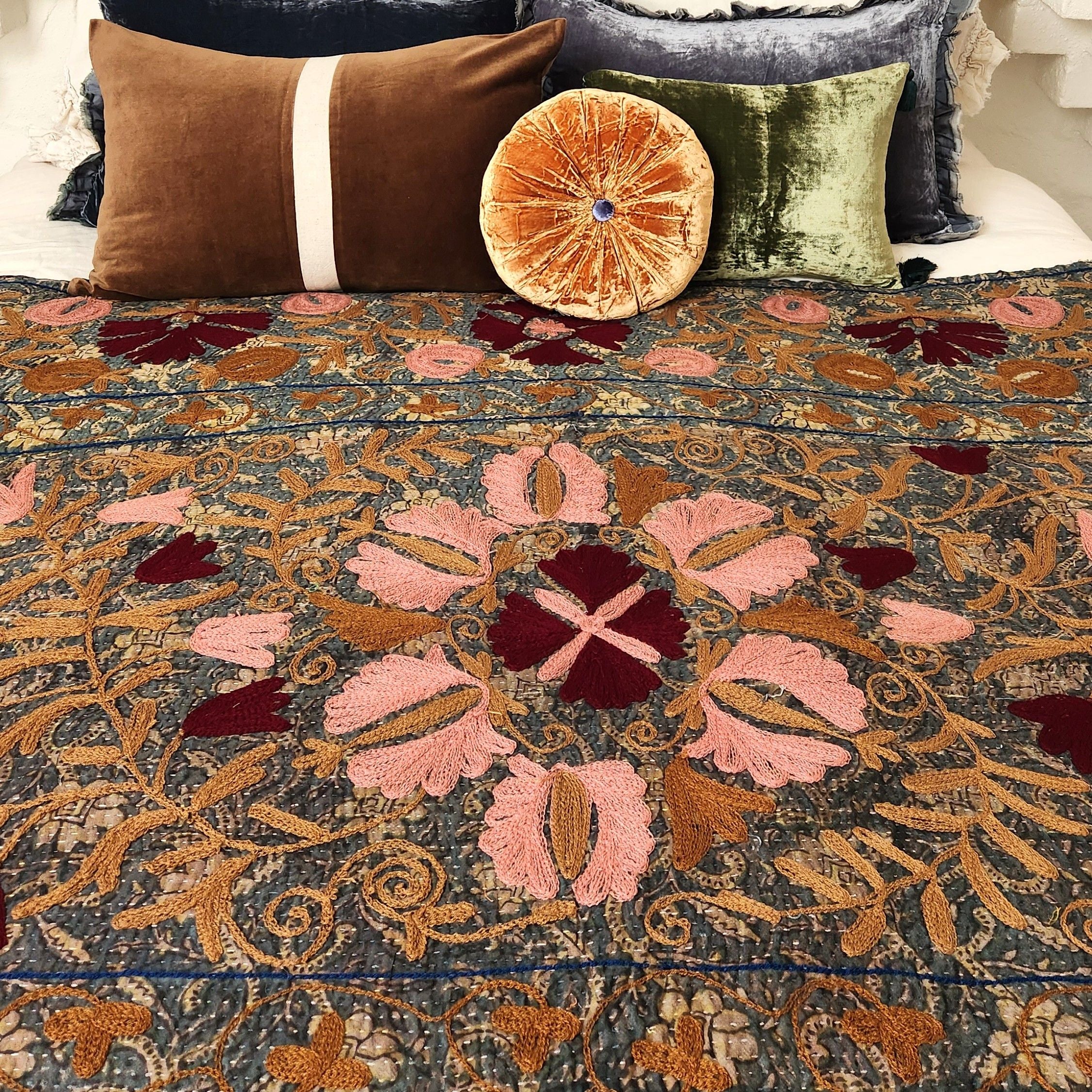 Vintage Suzani Kantha Throw - Tan & Pink on Dark Teal