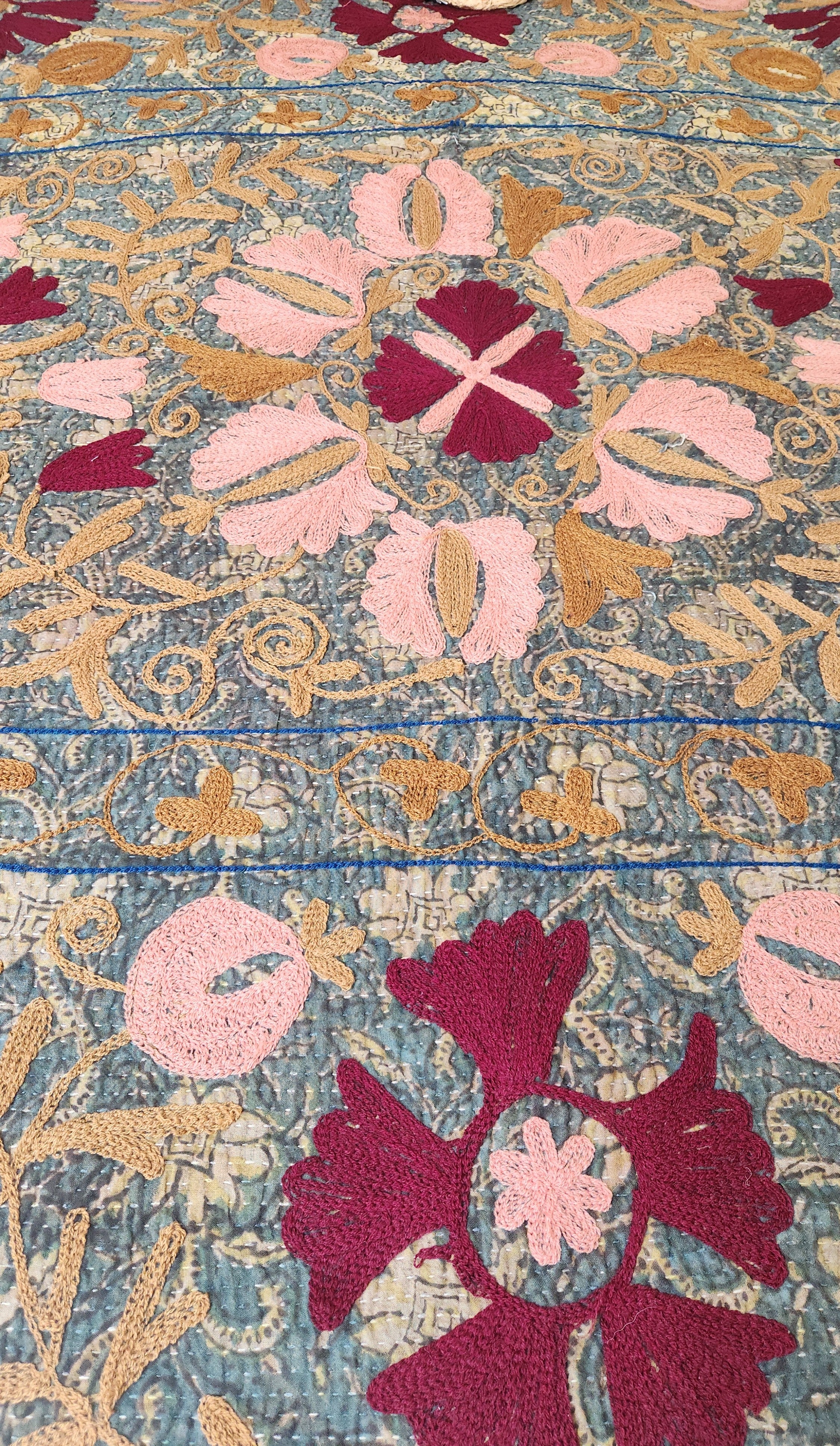 Vintage Suzani Kantha Throw - Tan & Pink on Dark Teal